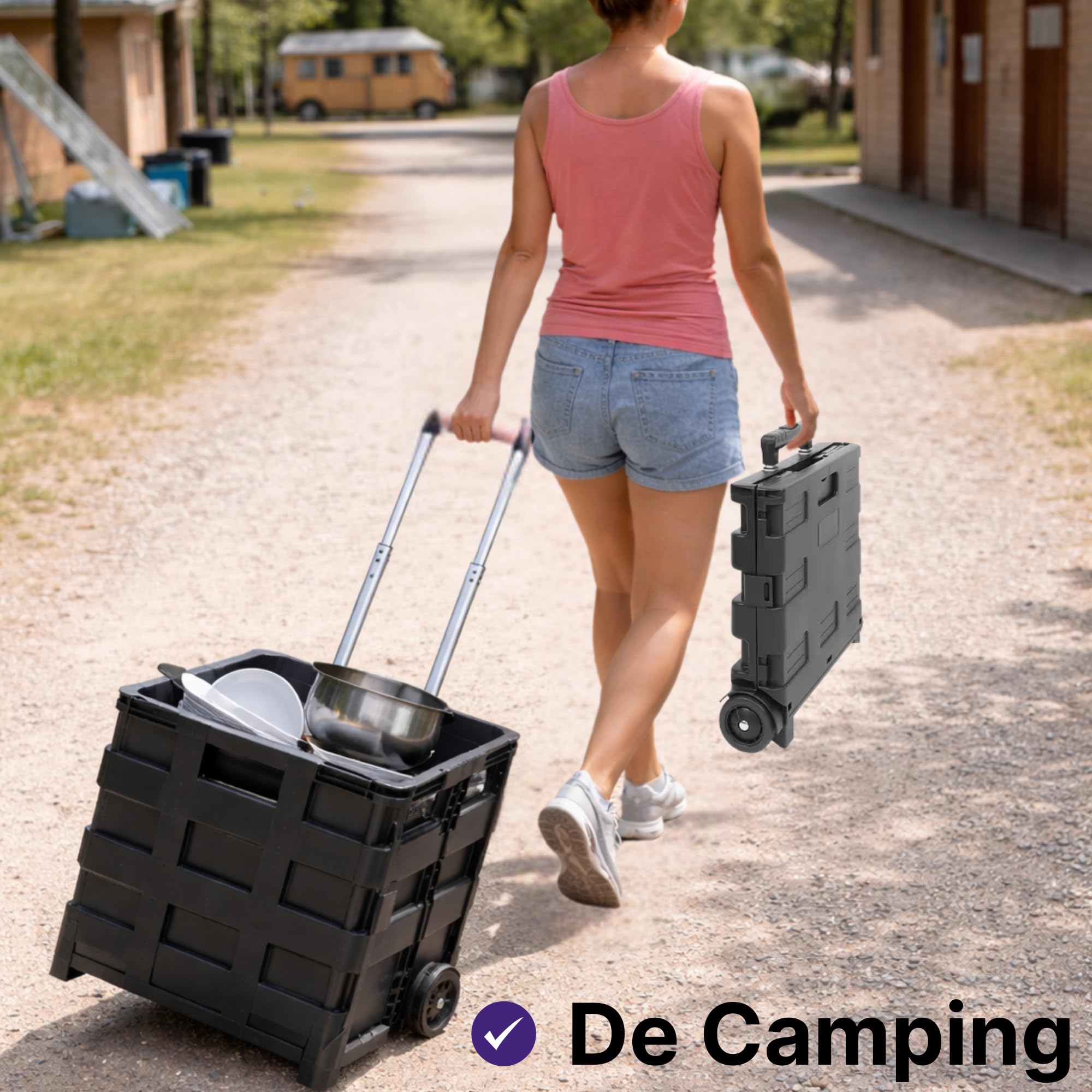 Pack de 2 Caja Plegable con Ruedas Multiusos | Carrito Compra Resistente 25kg | Cesta con Ruedas para uso Camping o Reciclaje | Ocupa poco espacio