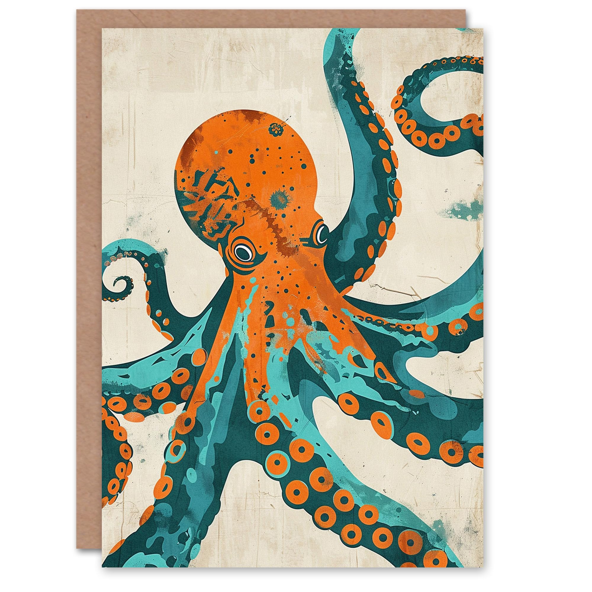 Artery8 Octopus Modern Turquoise Orange Teal Design Blank For Him Or Her Art Birthday Card