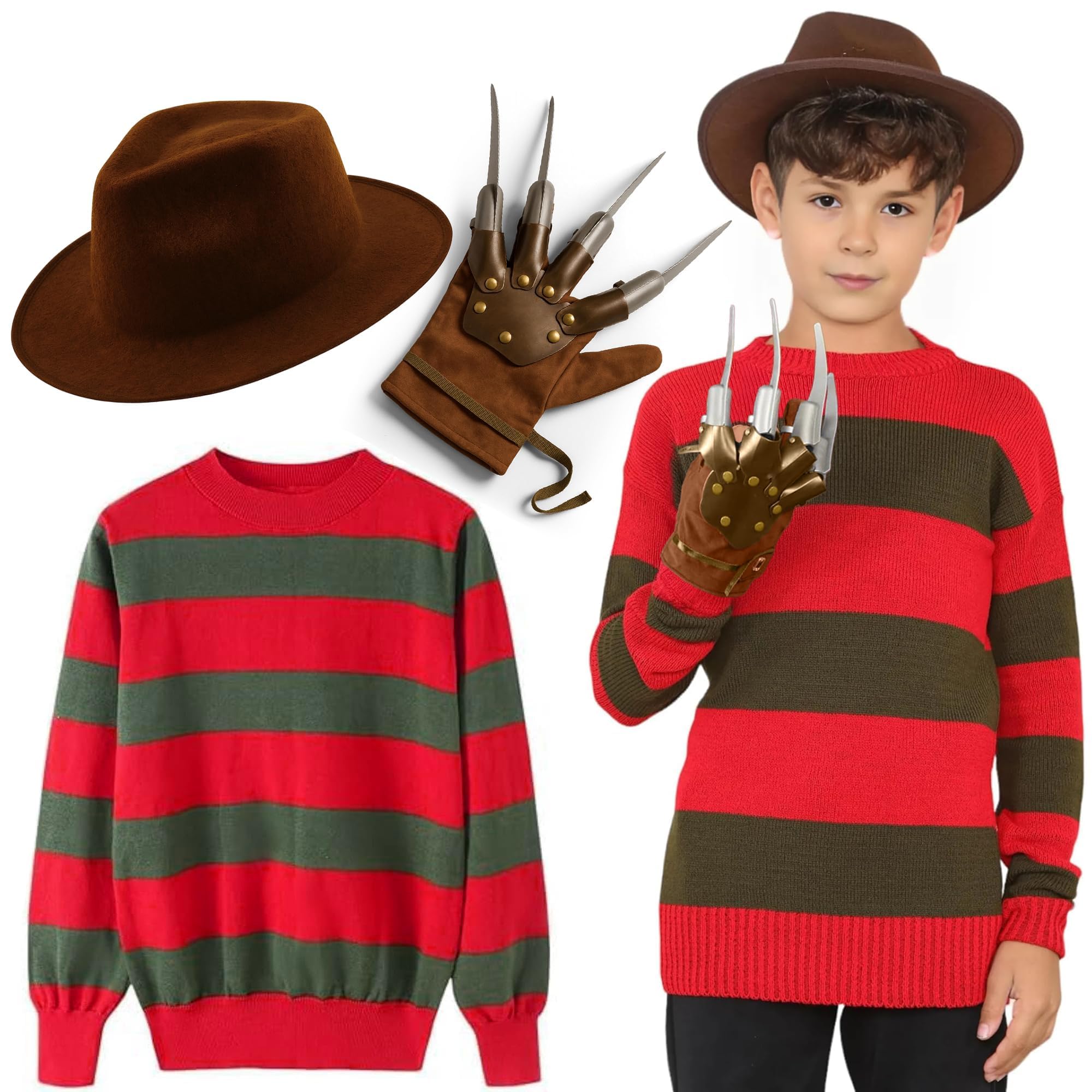 Kids Freddy Halloween Costume Set, Boys & Girls 3Pcs Horror Fancy Dress Red Green Striped Jumper With Claw Glove & Brown Explorer Hat, Elm Street Nightmare Party Outfit, UK 7-12 Years (5-6 Years)