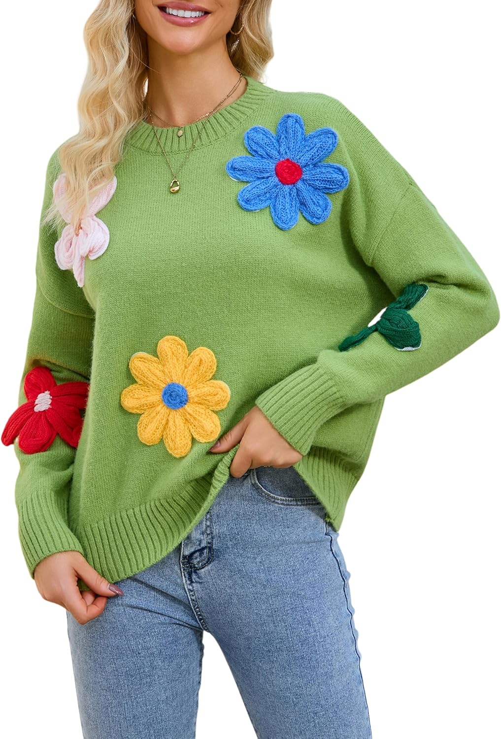 Women Floral Sweater Long Sleeve Round Neck Casual Lounge Colorful Flower Knit Pullover Top