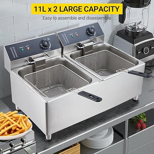 Miniatura 2 de Freidora eléctrica de acero inoxidable 304 de grado comercial de 23.2QT22L de 3400 W con 2 cestas extra gruesas, tapa protectora contra salpicaduras