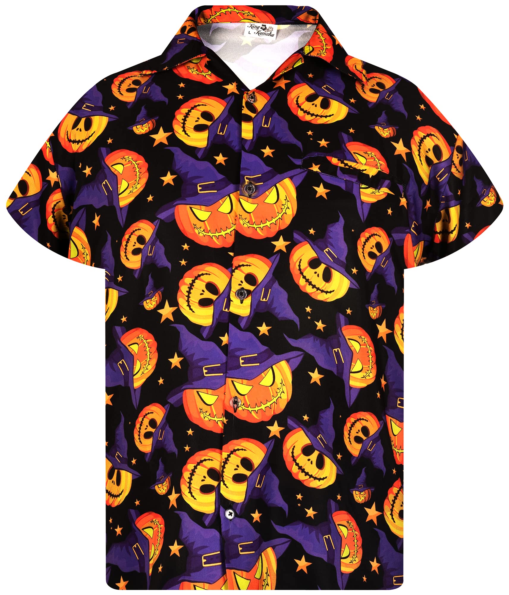 King Kameha Men's Halloween-Shirt Digital-Printed Pumpkins Skeleton Short-Sleeve Button-Down, Pumpkin-Hat, Multi-Purple, XL