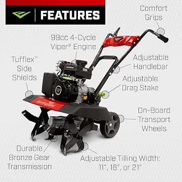 Earthquake 20015 Versa 2-in-1 Tiller Cultivator with a 99cc 4-Cycle Viper Engine, 2-in-1 Front Tine Tiller and Cultivator, Removable Side Shields and Outer Tines