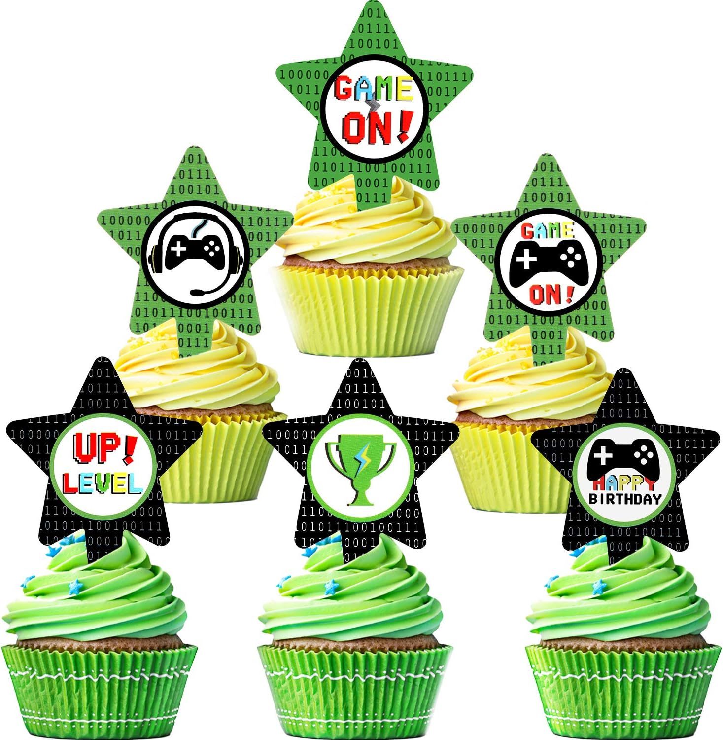 24 Pieces Video Game Cupcake Toppers Game on Cake Decorations Level up Cupcake Picks for Gaming Theme Party Favors Boys Kids Birthday Supplies, 6 Styles