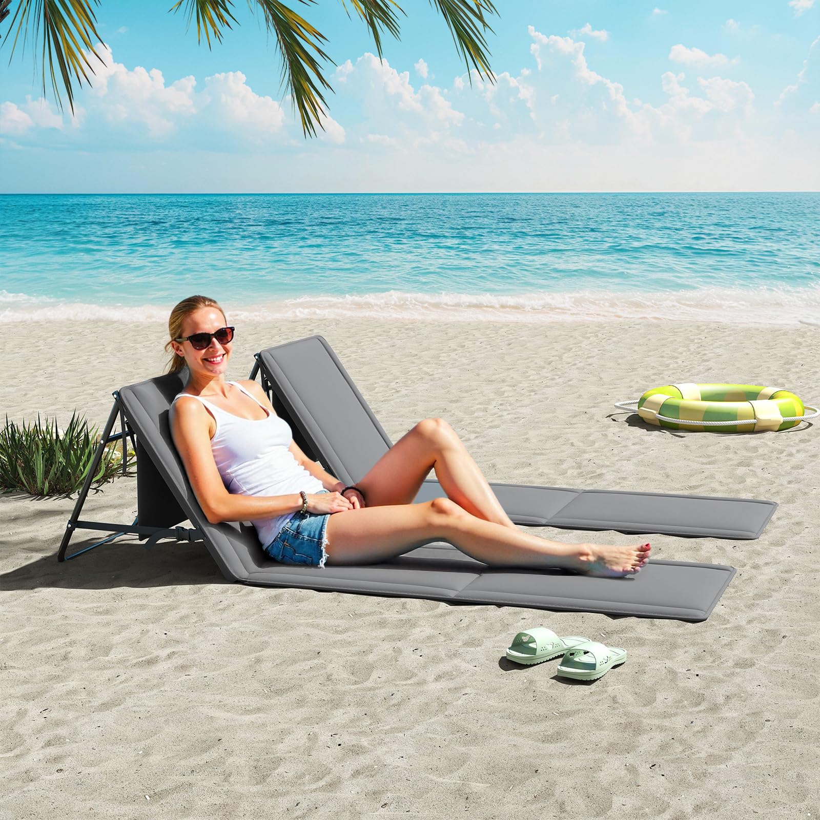Amopatio 2er Set Strandmatte Klappbar mit Mehrstufig Verstellbarer Rückenlehne & Tragegurt – Faltbare Sonnenliege mit Tasche für Strand, Garten, Camping & Terrasse, Grau