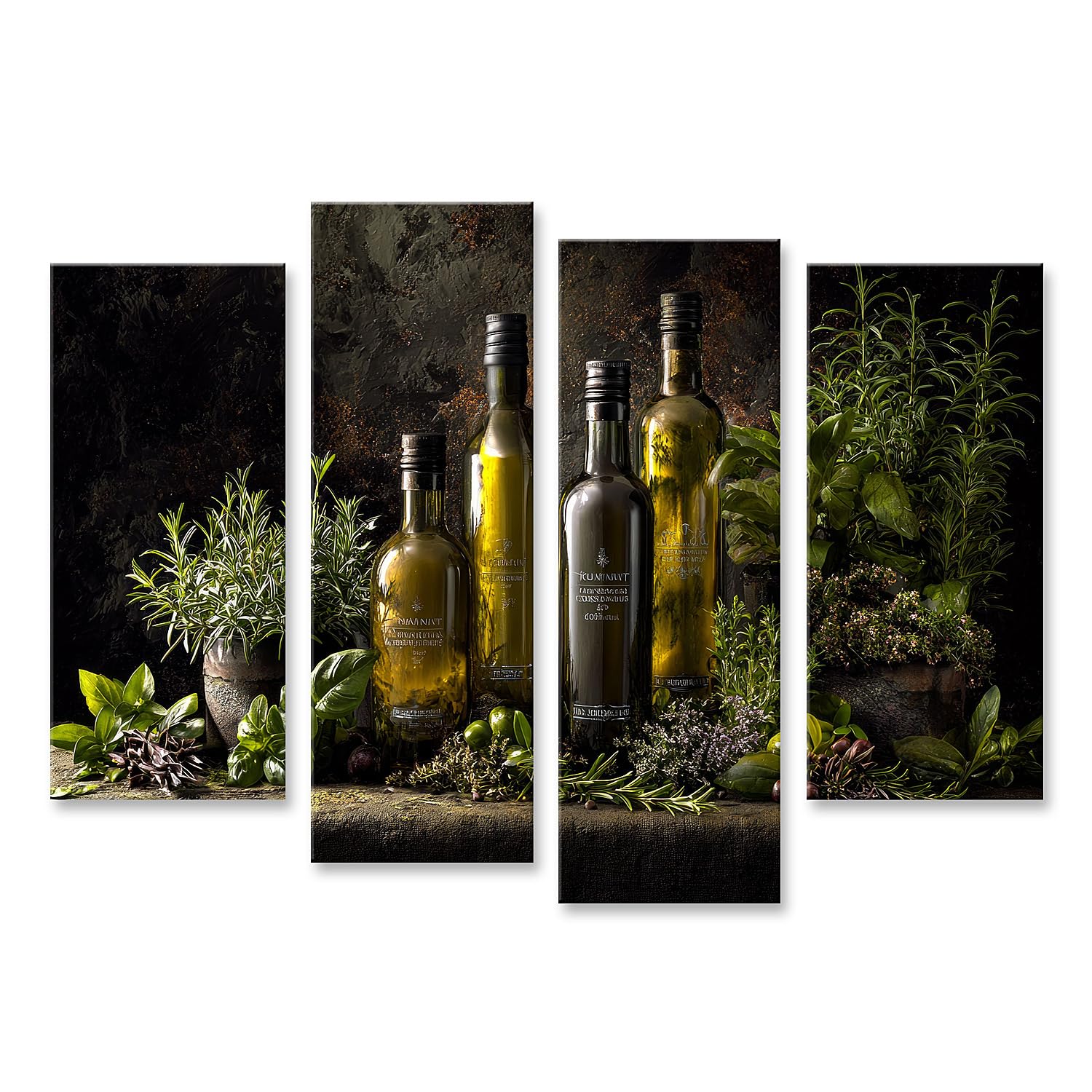 islandburner Primer cuadro sobre lienzo botellas de aceite de oliva con kraeuters y aceitunas sobre mesa - lienzo 130x80cm - 4 piezas