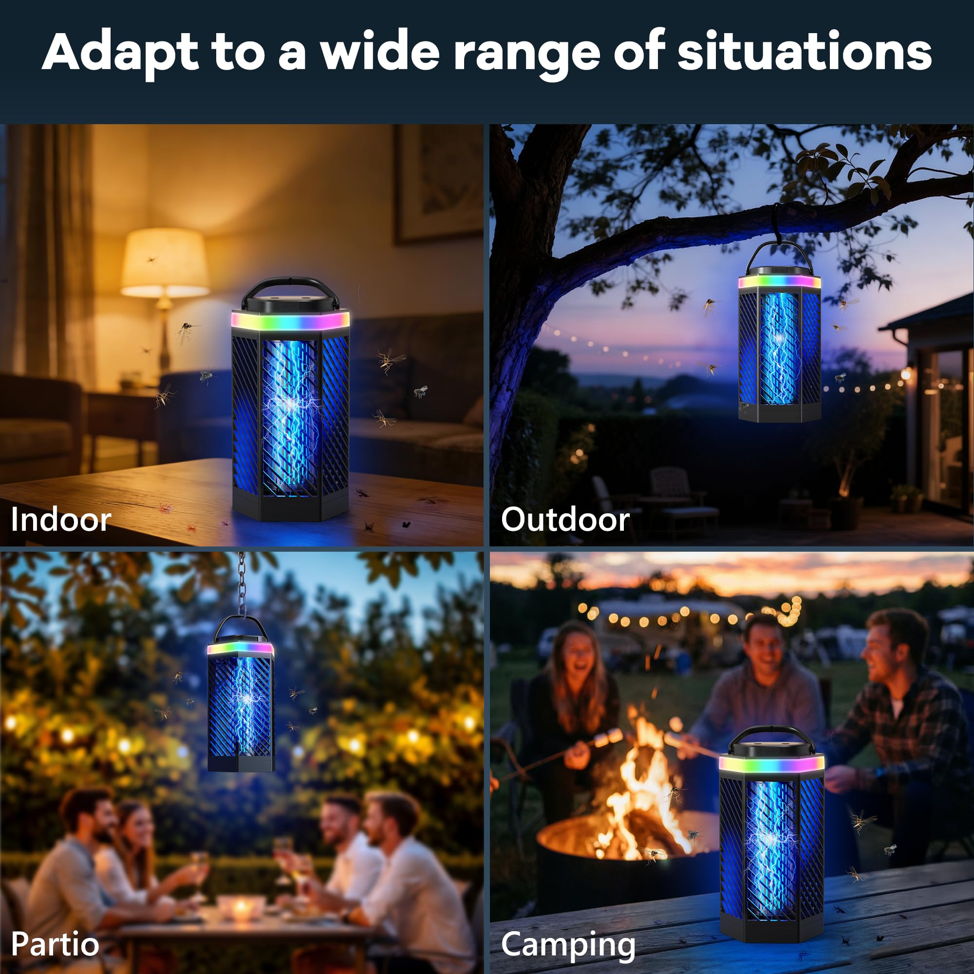 Bug Zapper con 4 niveles de luz ambiental, luz de modo dual (morado/blanco), batería de 8000 mAh, cubre 2100 m², seguro para niños y mascotas, repelente de mosquitos para interior y exterior