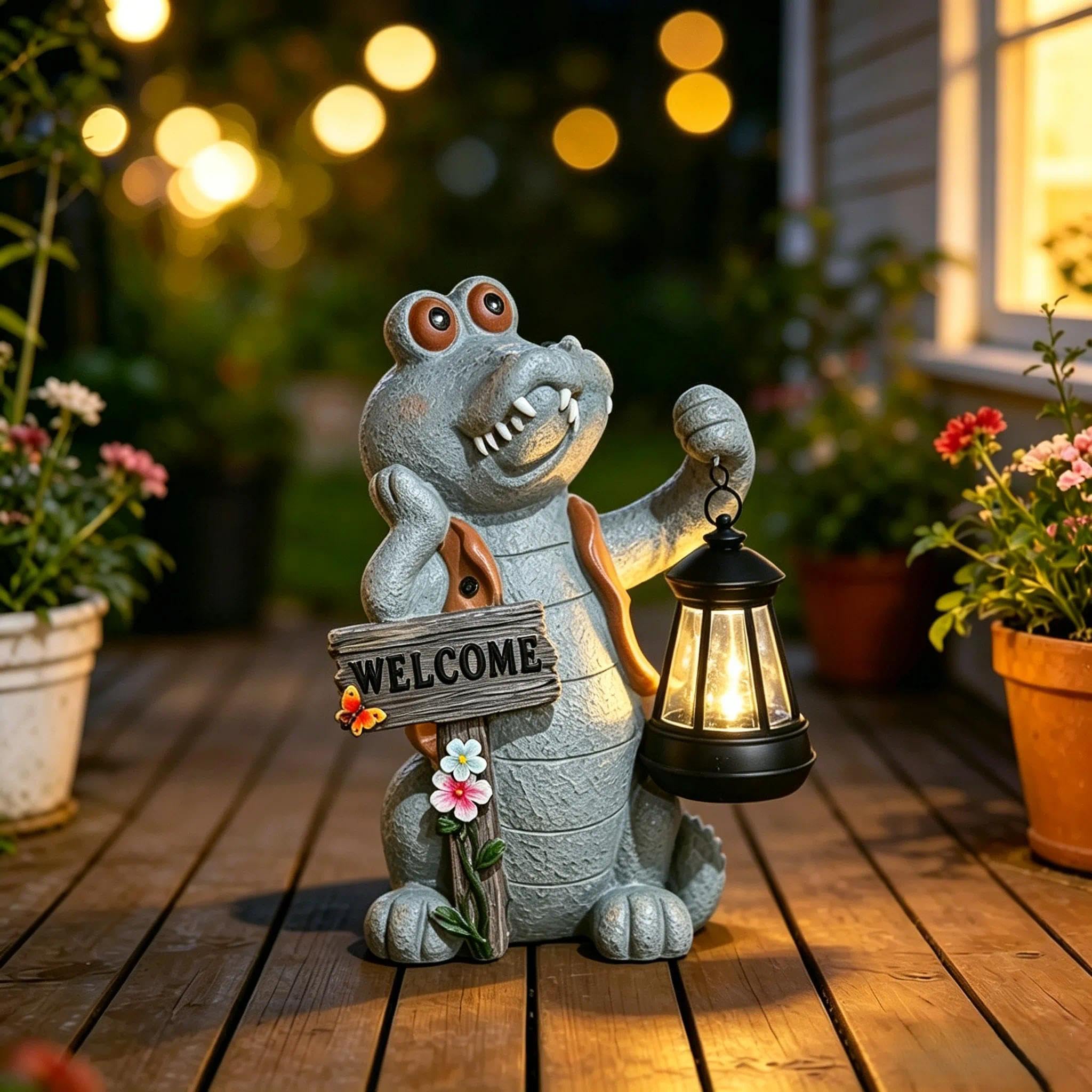 Solar Krokodil Gartenfigur,Niedliche Krokodilstatue mit LED Laterne,Lustiges Krokodil Figur mit Welcome Schild,Automatisch Wetterfest,Tierdeko für Außen Garten Rasen Terrasse Hof Balkon(Grau)