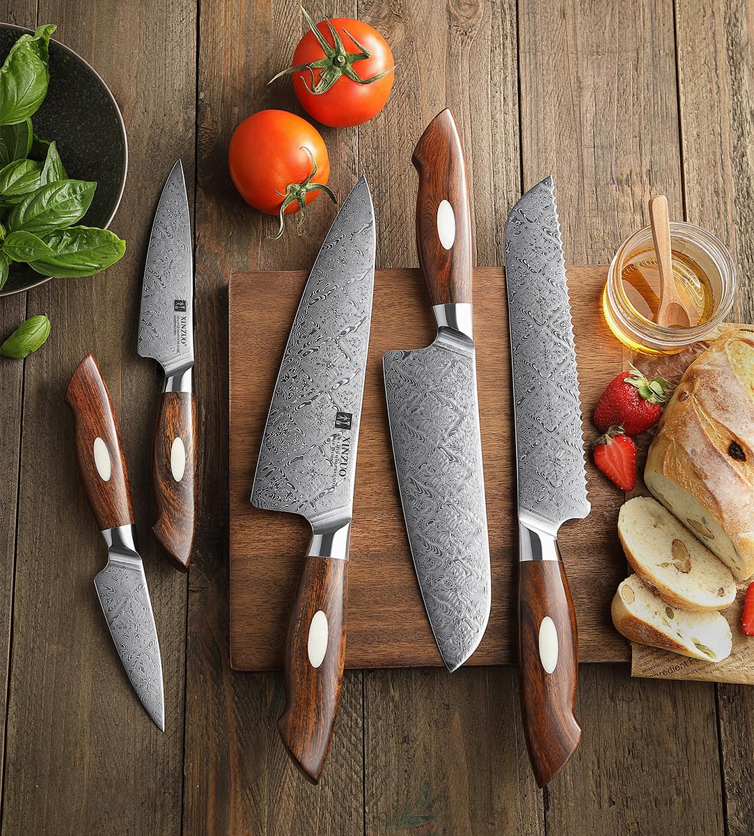 XINZUO 110 Capas de Acero Damasco Set Cuchillo Cocina 5 Piezas, Profesional Juego de Cuchillos de Cocina Forjado a Mano, Mango de Desert Ironwood y Caja de Regalo, Para Carne, Verduras, Fruta, Pan