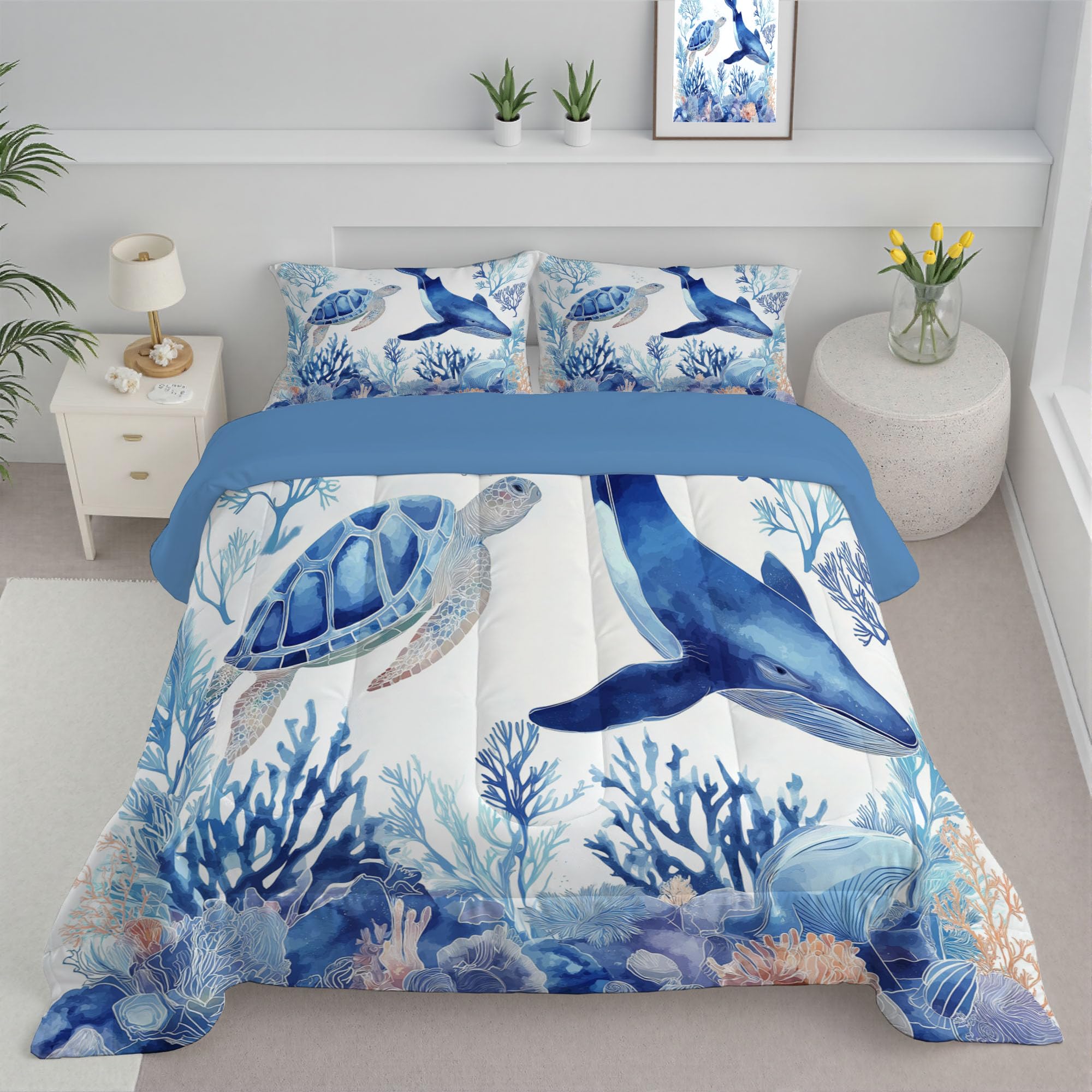 Edredón Azul Invierno Nórdico 200x200 cm, Edredón Tortugas Marinas Ballenas Tacto Suave y Confortable de Microfibra 200g/m2, Edredónes Acuarela Estilo Océano Diseño Reversible con 2 Fundas de Almohada