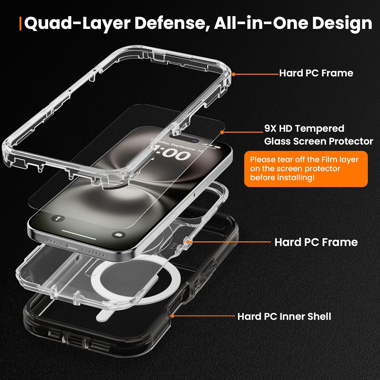 for iPhone 16 Plus Case, Fits Magsafe,Heavy Duty Shockproof Protection Phone Cases with Screen Protector*1, Magnetic Transparent Protective Cover for iPhone 16 Plus 6.7 '', Gray