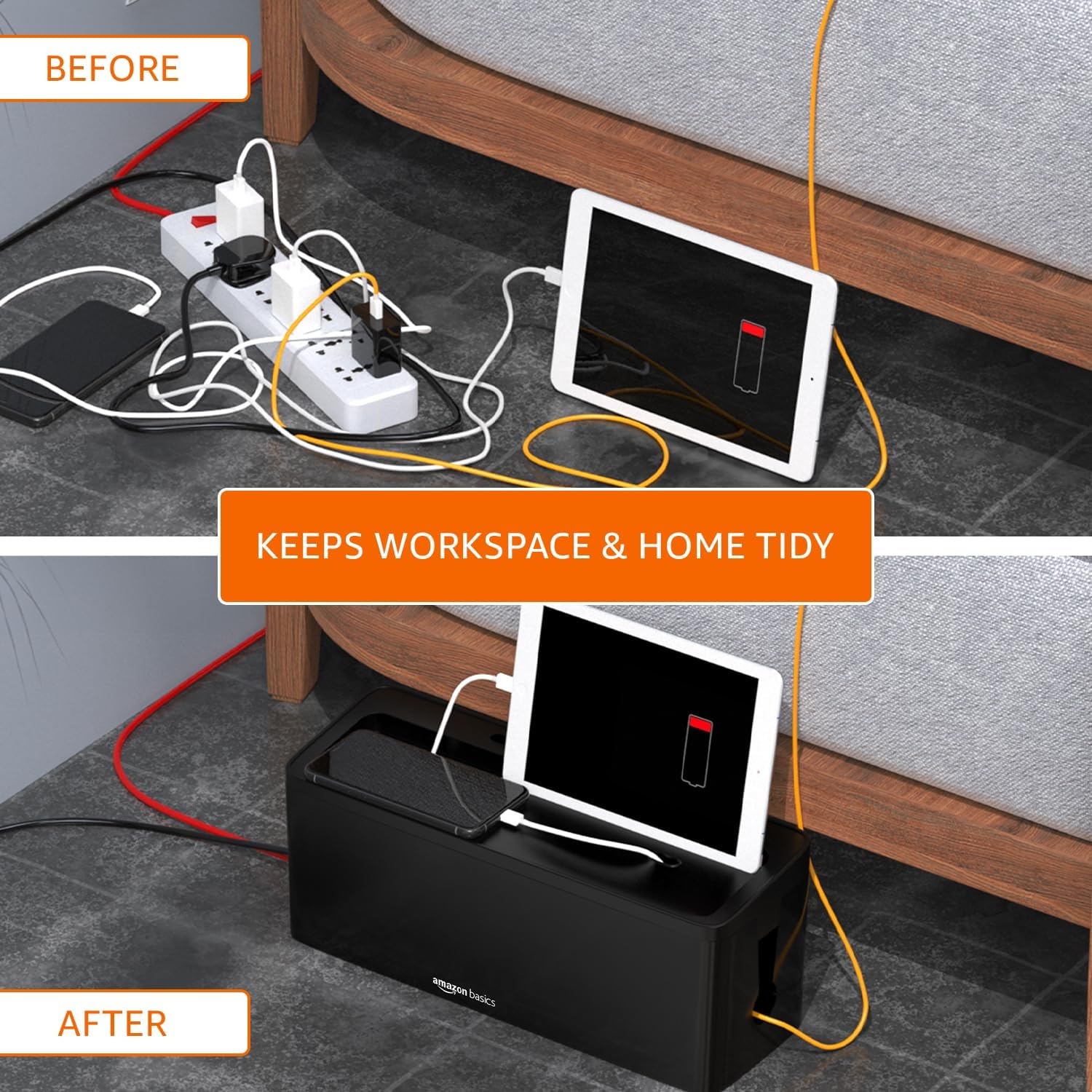 Amazon Basics Cable Management Box with Phone Stand | Cord Organizer Hides Extension Board, Power Strips, Surge Protector, Cords, Wire, Router | TV Cord Box for Desktop, Floor, Home, Office | Black 3