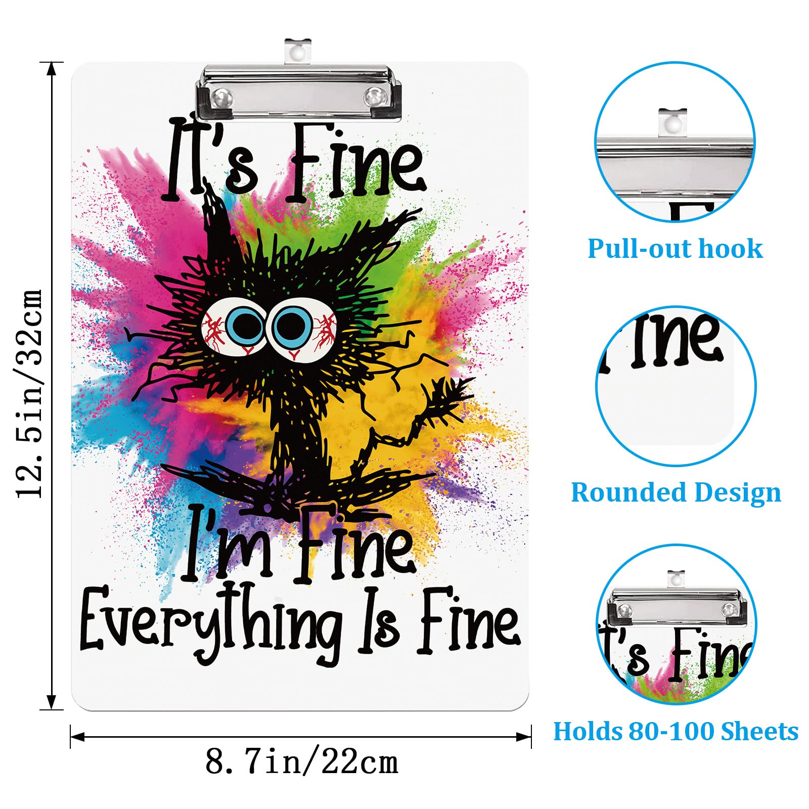 Everything is Fine l'm Fine Cat, portablocco standard A4, formato lettera, 12,5 x 8,7 cm, in plastica, con clip a basso profilo, retrattile, per appendere appunti decorativi