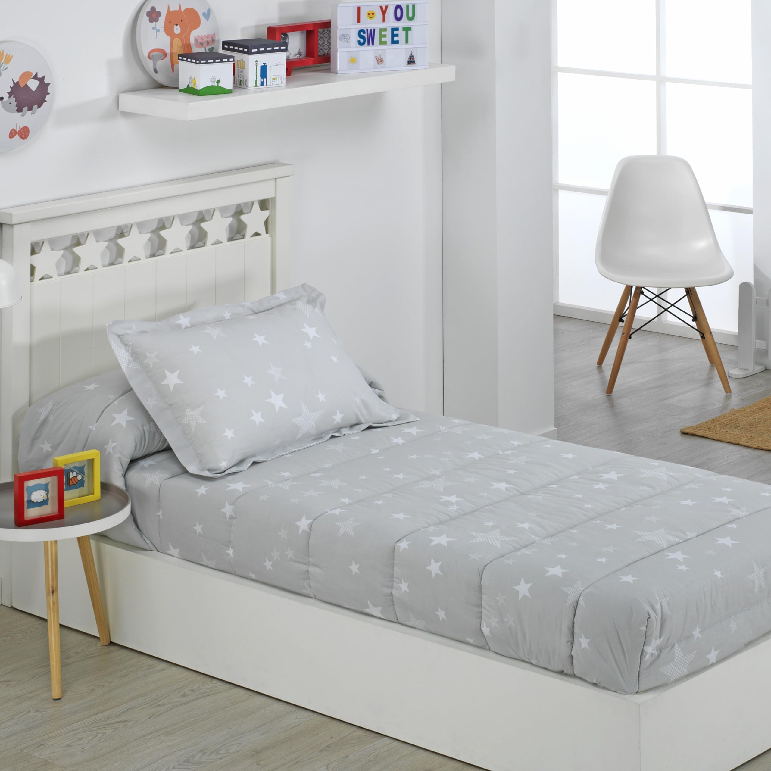 DHESTIA HOME - Edredón Ajustable Infantil Cama 90 y Cama 105 Stars Gris - Color Gris, Talla Cama 90