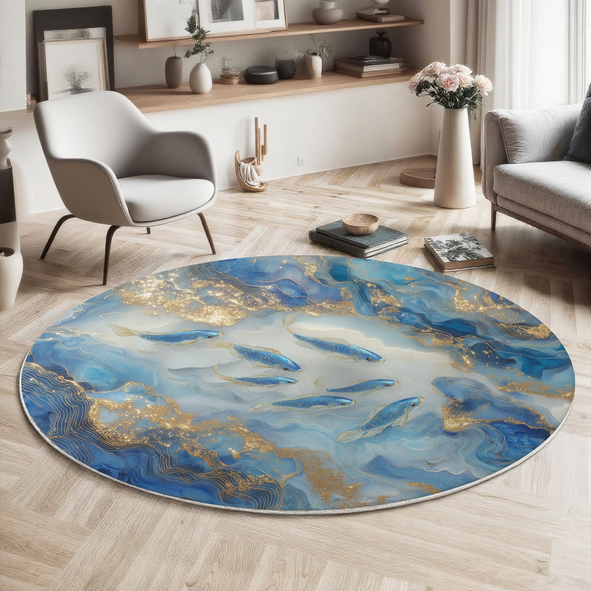 Tapis abstrait rond bleu antidérapant pour sécuriser et sublimer le sol