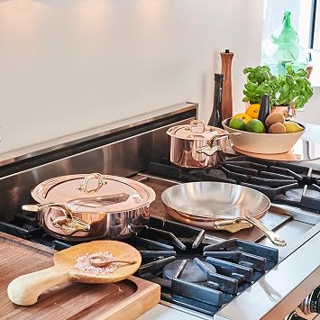Mauviel M'Heritage 150 B 1.5mm Polished Copper & Stainless Steel 12-Piece Cookware Set With Brass Handles, Made In France