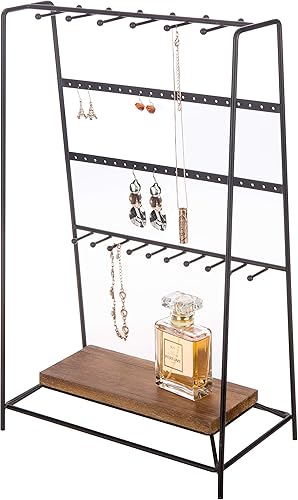 Organizador de joyería de mesa de metal negro moderno con base de exhibición de maderacollares, pulseras, pendientes, soporte de almacenamiento