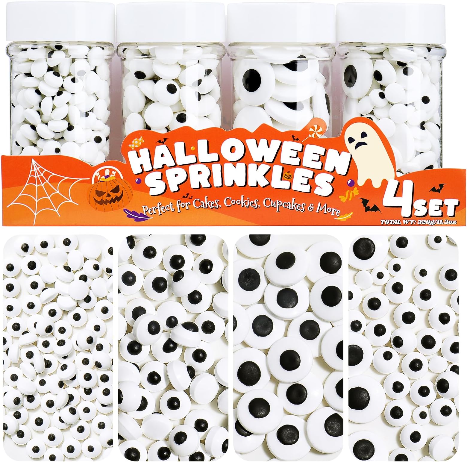 Edible Candy Eyes for Decorating Set 4, 320g/11.3oz Halloween Candy Eyaballs Sprinkles for Cake, Cupcake, Donuts, Ice Cream, Cookies Toppings(7mm, 1cm, 2cm)