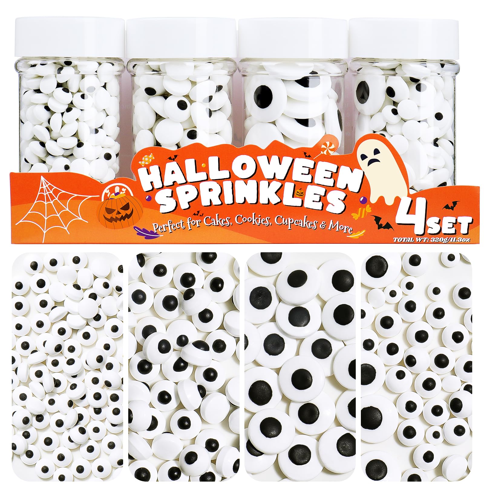 Edible Candy Eyes for Decorating Set 4, 320g/11.3oz Halloween Candy Eyaballs Sprinkles for Cake, Cupcake, Donuts, Ice Cream, Cookies Toppings(7mm, 1cm, 2cm)