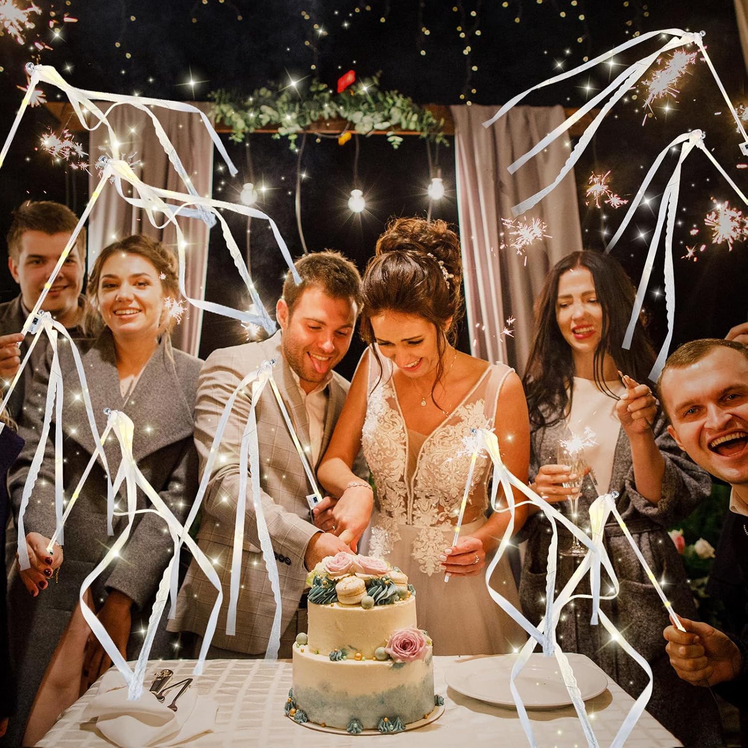 50Pcs Light Up Wedding Wands, LED Wands Streamers with 3 Flashing Modes, Glow Fairy Wands with Ribbons & Bells for Wedding, Graduation, New Year, Birthday Party, Concert, Celebrations