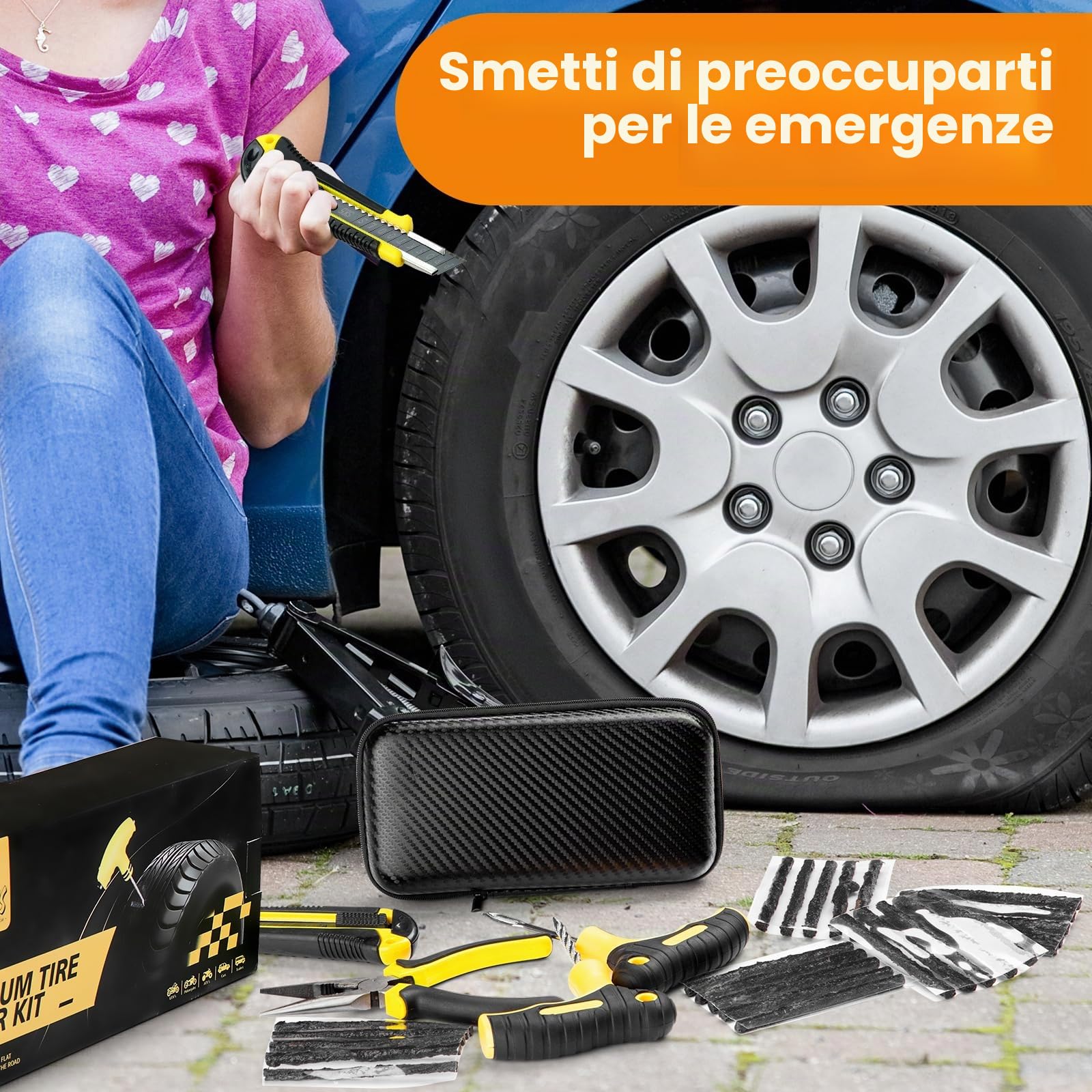 Kit di riparazione per pneumatici sgonfi - 27 pezzi - Kit di tappi per foratura e toppe con custodia, kit di toppe per pneumatici portatile con sigillante, ideale per auto, camion, moto, bici