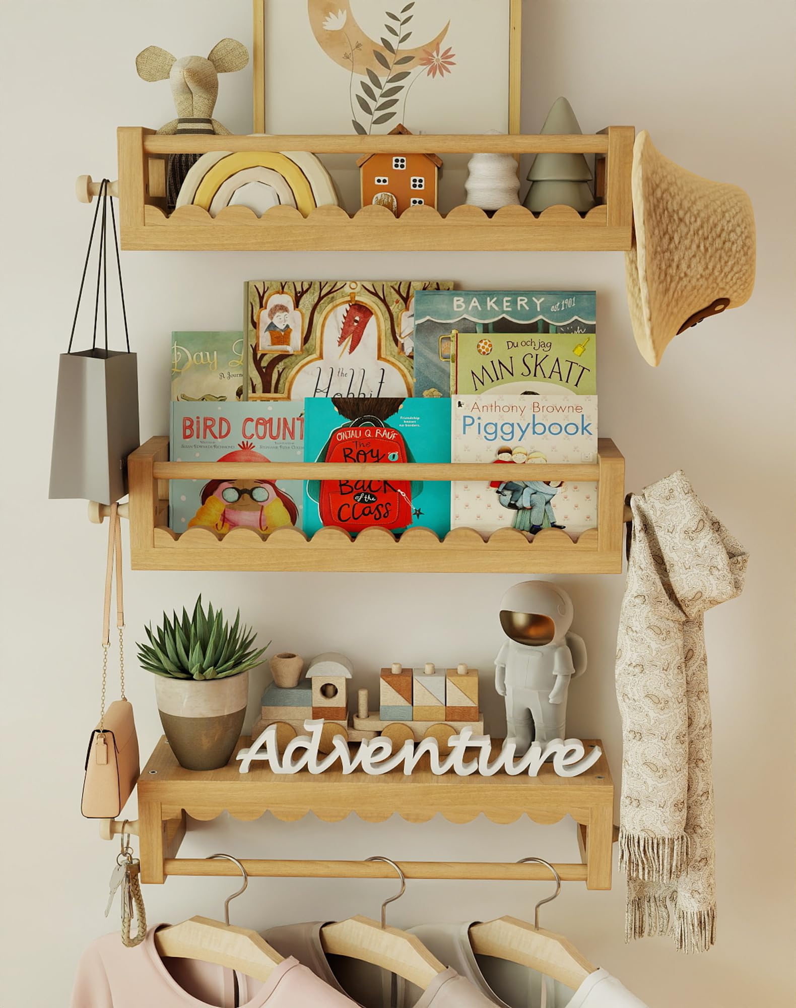 Estantes de pared para cuarto de bebé, estantes flotantes para habitación de niños, juego de 3 estantes con ganchos de madera, perfectos para lectores pequeños, niños y niñas, juguetes decorativos de
