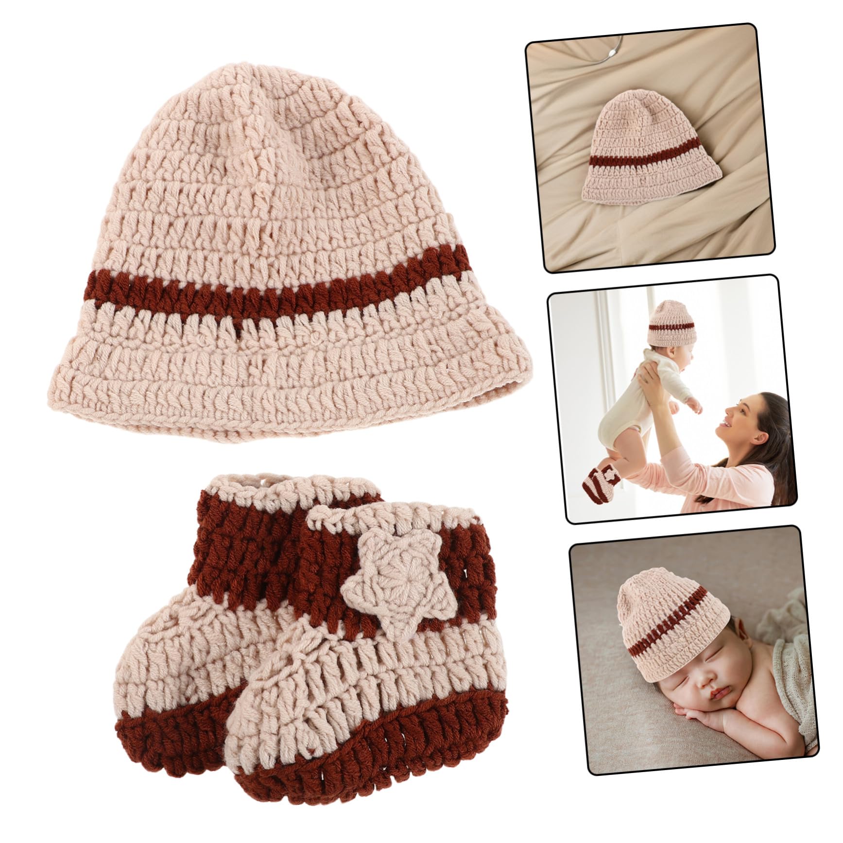 5 Juegos Conjunto Artesanal para Recién Nacido con Gorro y Calcetines de Punto Beige Vaquero para Sesiones Fotográficas y Transpirable para Bebés y de Shower