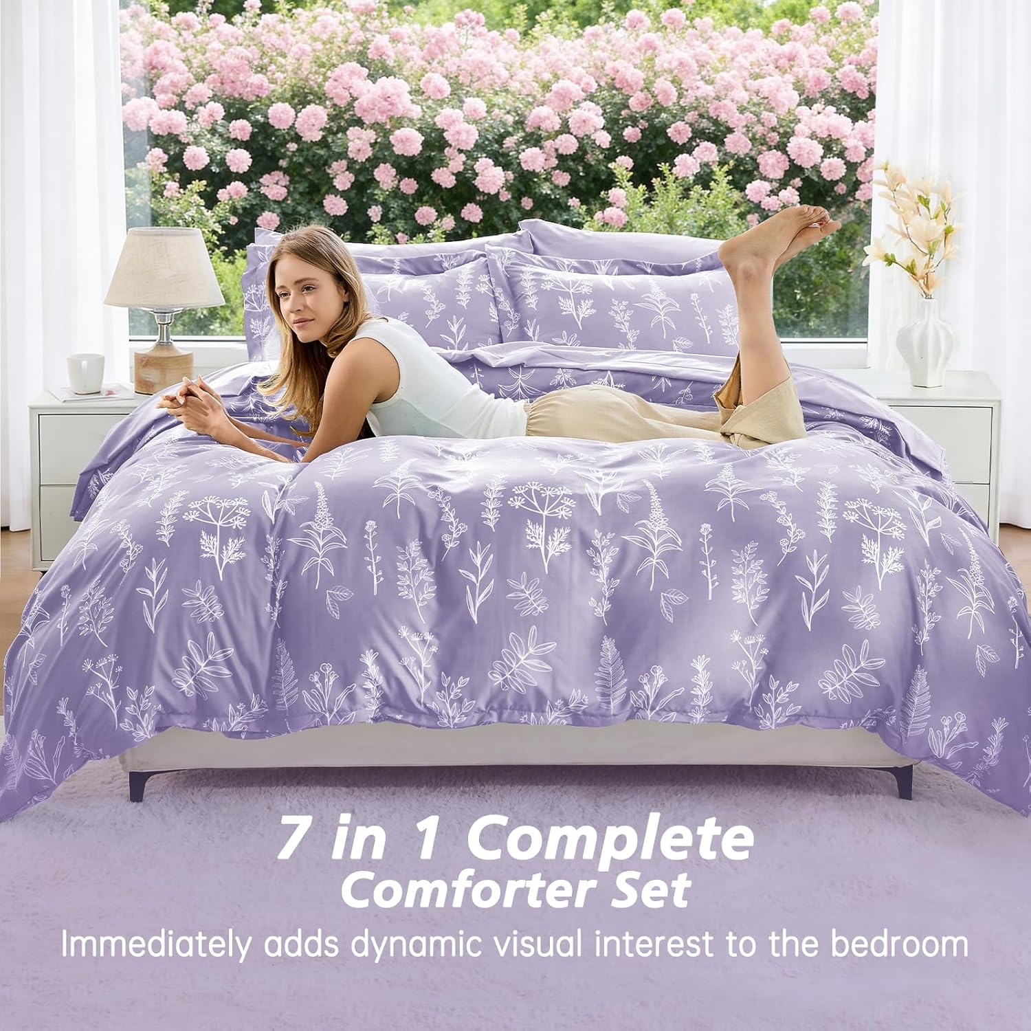 MUXHOMO Lavender Purple Bed in a Bag Queen 7 Pieces, Queen Comforter Set Reversible Botanical Flowers Design, Ultra Soft & Breathable Bedding Sets with Comforter, Sheets, Pillowcases & Shams - Image 4