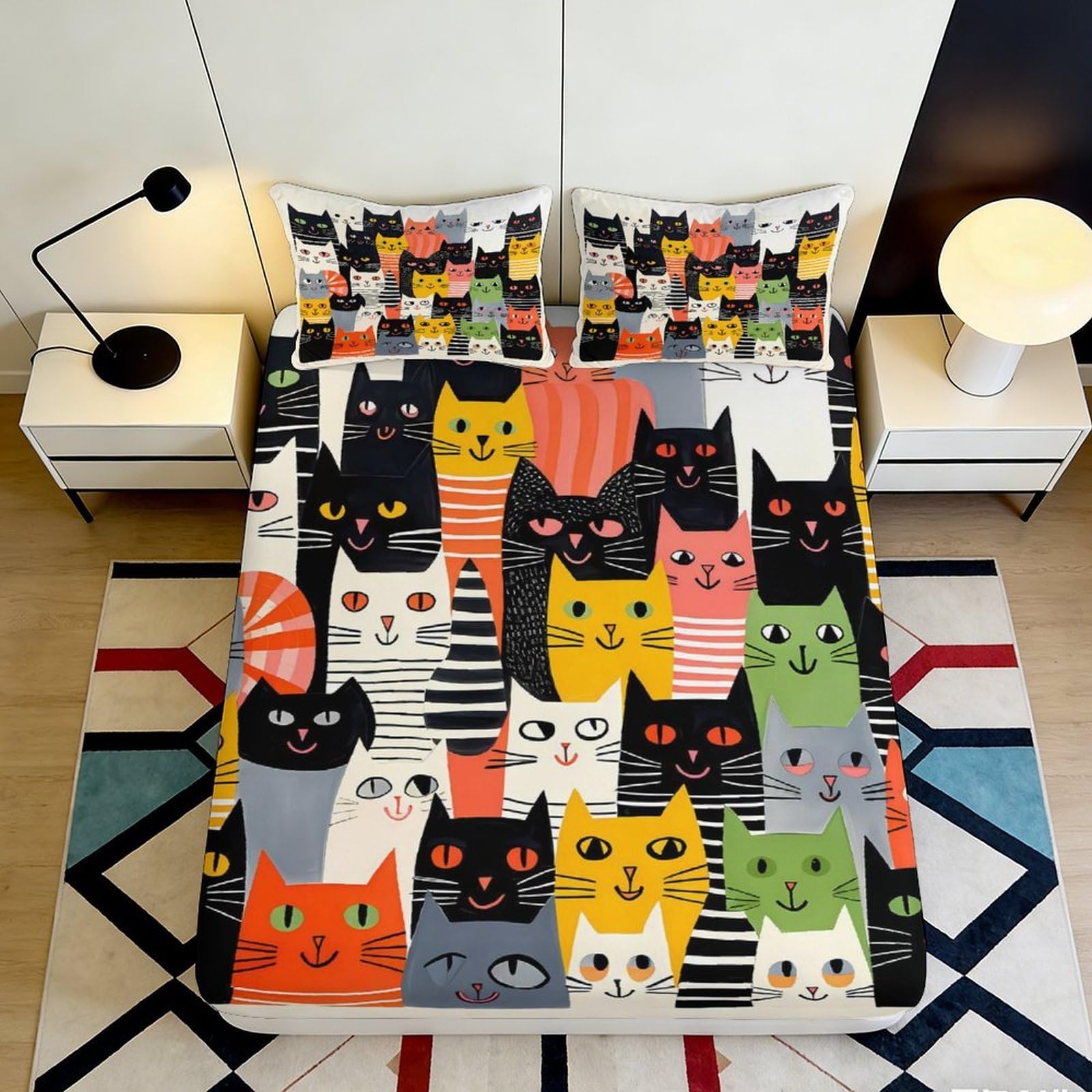 3D Printed Colorful Cartoon Cat Fitted Sheet Microfiber Soft Breathable Striped Cat Bed Cover for Bedroom Guest Room Dorm Decor 160x200x25cm