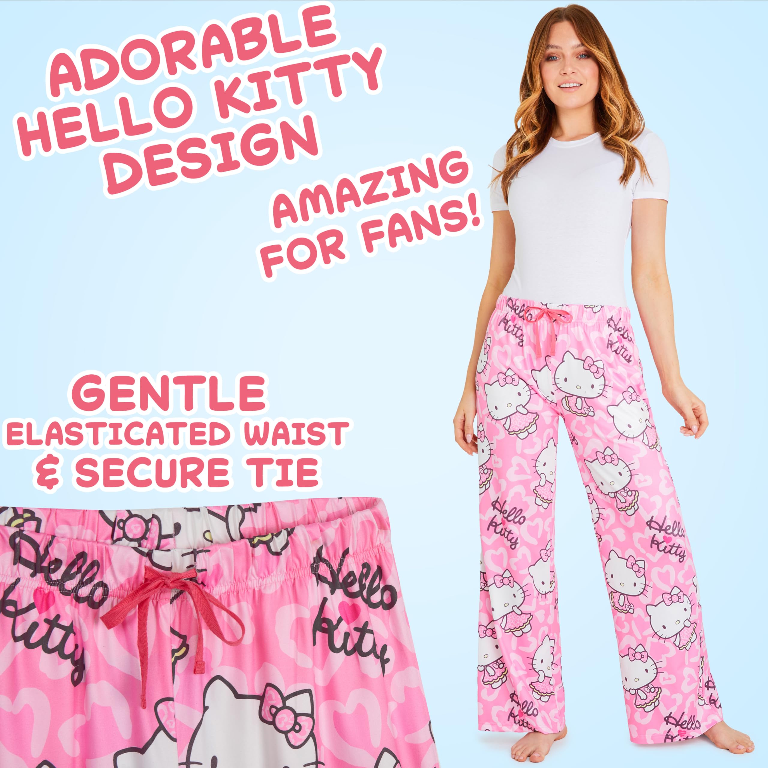 Hello Kitty Damskie spodnie piżamowe, wygodna elastyczna odzież wypoczynkowa, oddychające piżamy - prezenty dla kobiet (rozmiar M, różowy), różowy, M