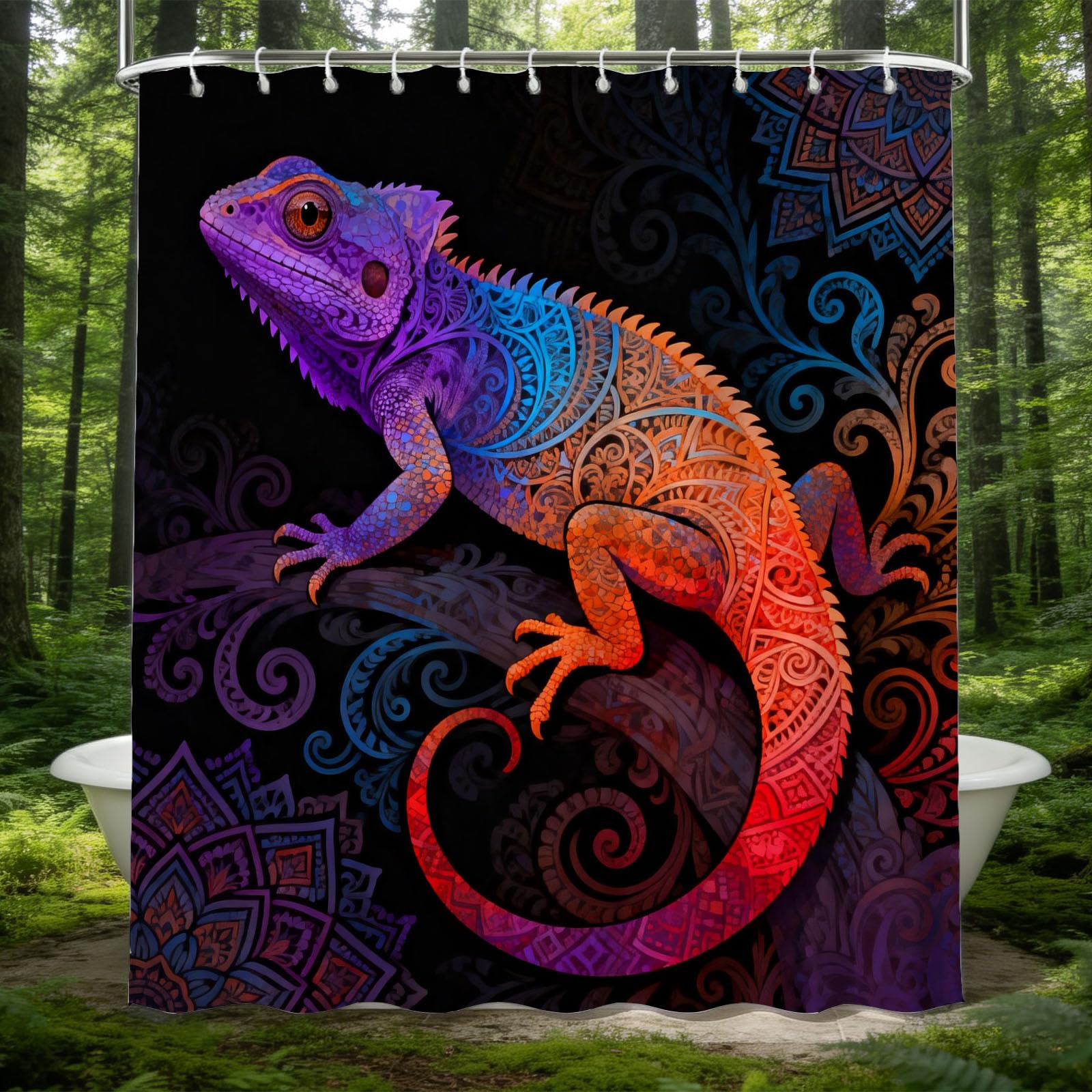 Hongduo White 3D Patterned Chameleon Shower Curtain For Stalls Bathtubs Ethnic Style Bathroom Decor Shower Curtain Set Polyester Fabric Waterproof 180X200cm/71X79 Inch With Hooks
