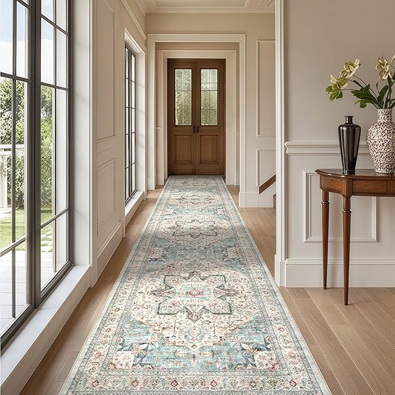 Tortania Area Rug 3x14 Runner Rugs - Washable Vintage Oriental Farmhouse Thin Indoor Carpet for Living Room Bedroom Hallway Entryway Kitchen Under Dining Table Home Office - Aqua Multi