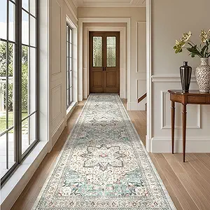 Tortania Area Rug 3x14 Runner Rugs - Washable Vintage Oriental Farmhouse Thin Indoor Carpet for Living Room Bedroom Hallway Entryway Kitchen Under Dining Table Home Office - Aqua Multi