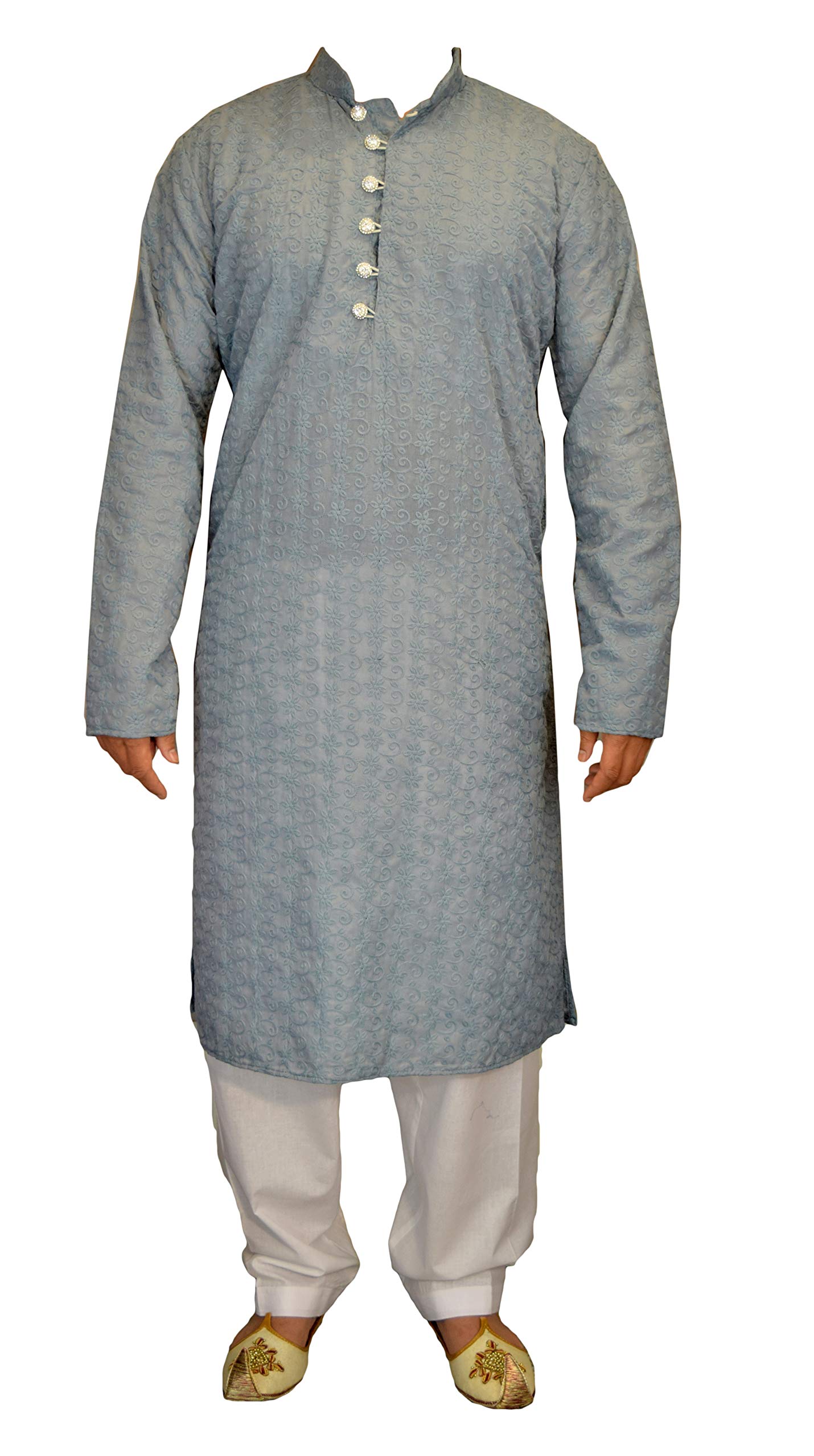 Kacery Men's Grey2025 Indian Cotton Chicken Kurta Pajama Sherwani Traditional Outfit Gr2025 Grey 42