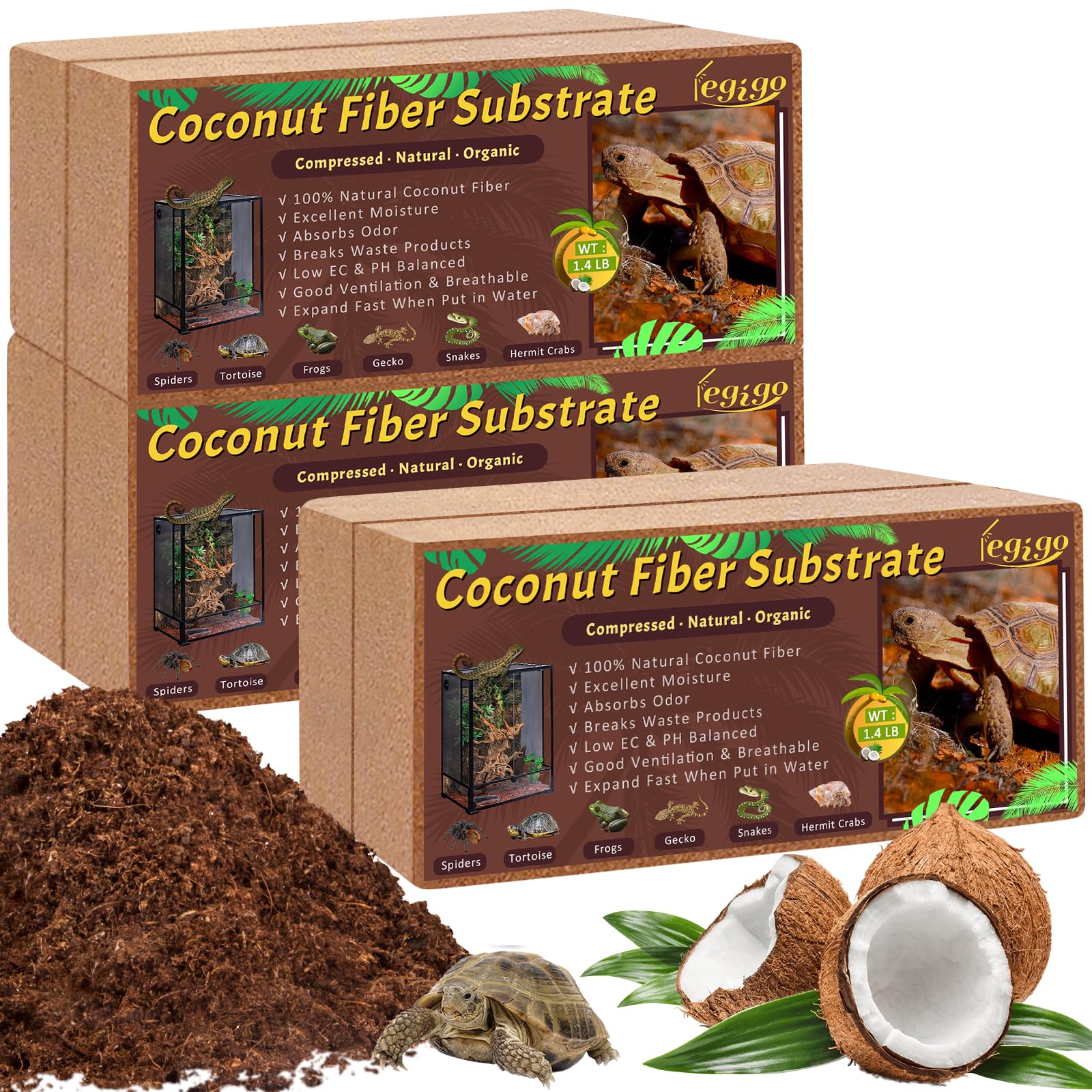 Legigo 6 Pack Compressed Coconut Fiber Substrate - 100% Organic Coconut Fiber Brick Bedding for Reptiles, Natural Coco Husk Substrate Terrarium Bedding for Snake, Hermit Crabs, Frogs, Tortoise, Gecko