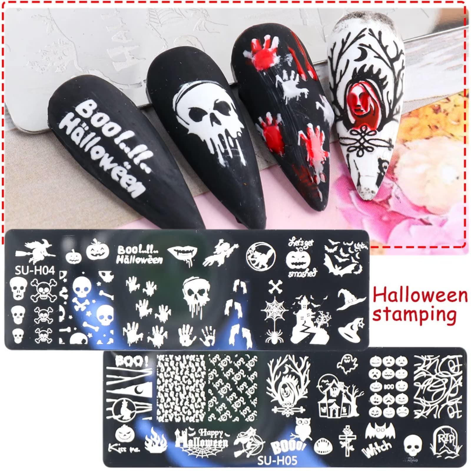 Halloween-Nagelkunst-Stempelplatten, 6-teilige Halloween-Nagelstempel-Plattenvorlagen Kürbis Grimasse Totenkopf Auge Urlaub Party Maniküre Schablonen Design-Werkzeug