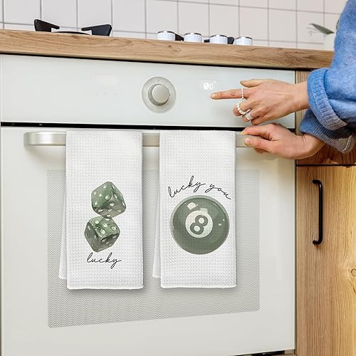 Miniatura 2 de Toallas de cocina de moda verde salvia, Funky Retro Lucky Dice 8 bolas de mano, toalla de cocina verde salvia para decoración de cocina y baño,