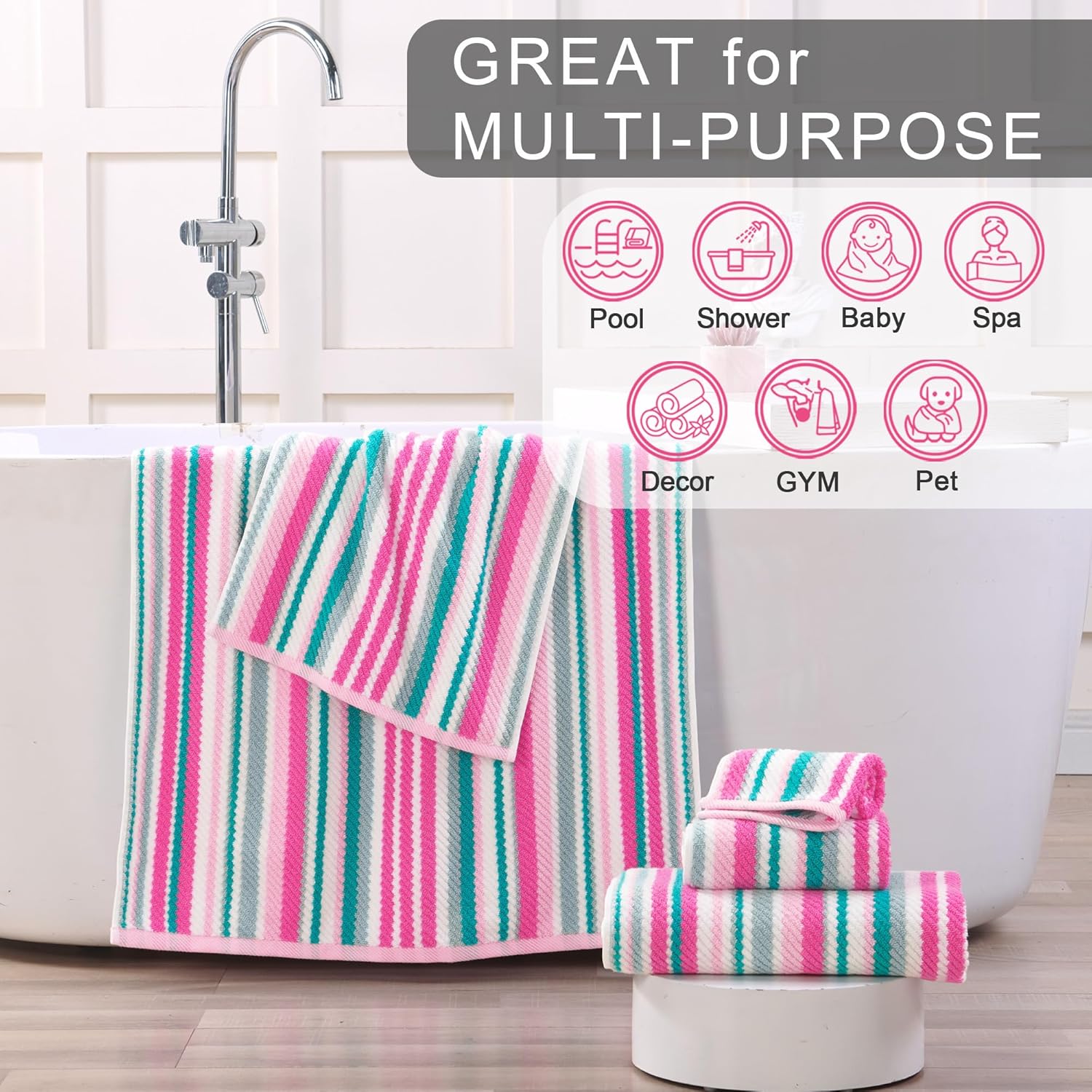 VOOVA & MOVAS Cotton Hand Towels Set of 4, 16"x27" - Quick Dry, Soft & Absobent & Lightweight, Striped Hand Towels for Bathroom & Showering, Luxury Towel Gift Set, Pink and Teal Stripe - Image 5