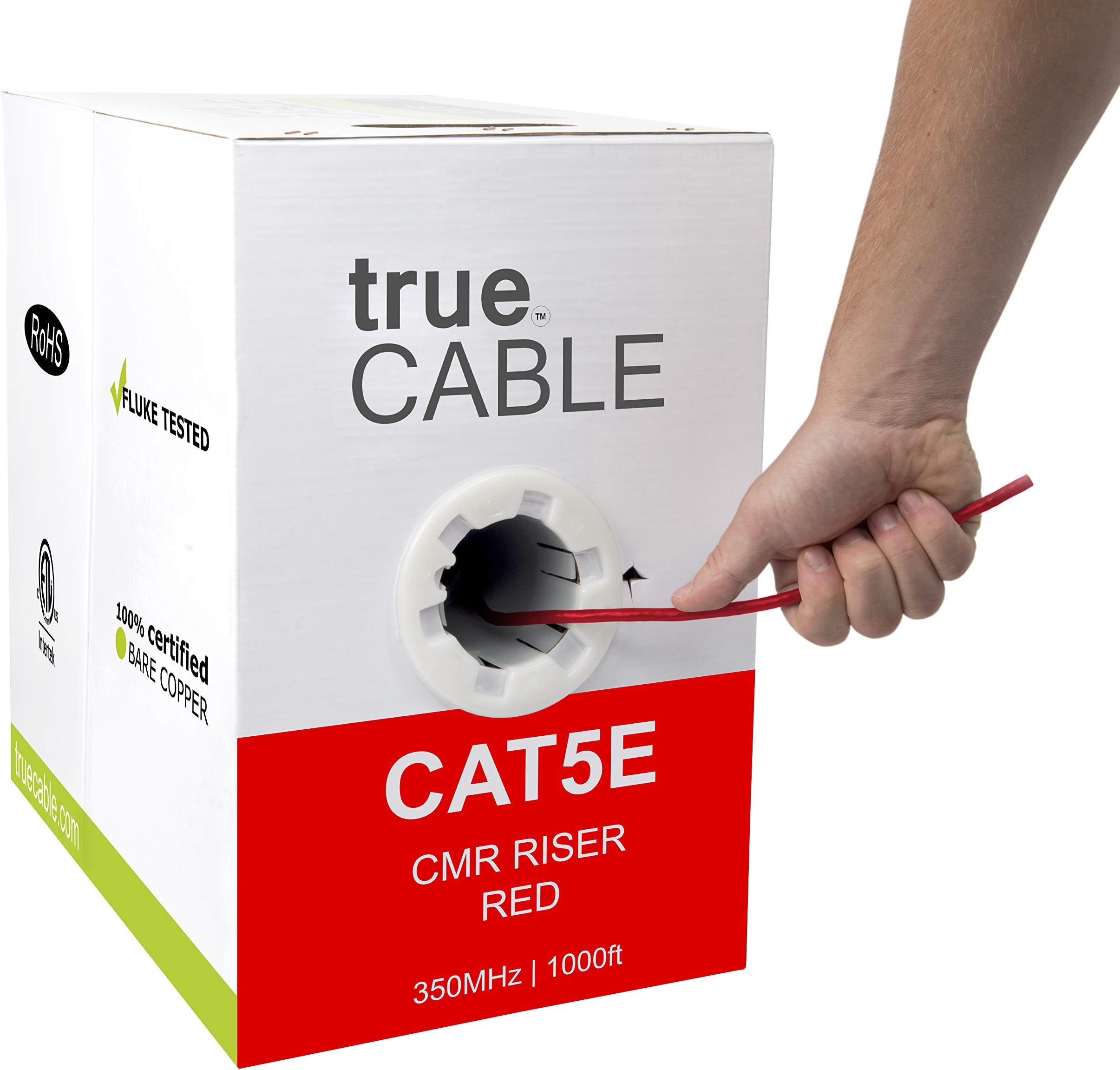 Cat5e Riser (CMR), 1000ft, Red, 24AWG 4 Pair Solid Bare Copper, 350MHz, ETL Listed, Unshielded Twisted Pair (UTP), Bulk Ethernet Cable, trueCABLE
