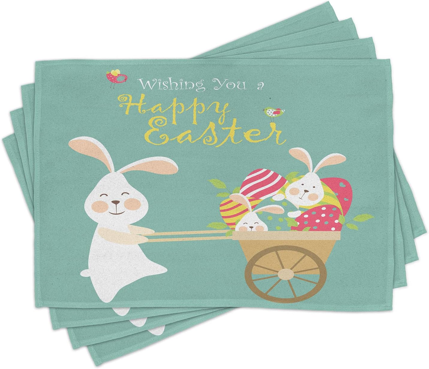 Ambesonne Easter Place Mats Set of 4, Smiling Bunny with a Cart Full of Colorful Eggs and Rabbits Spring Holiday, Washable Fabric Placemats for Dining Table, Standard Size, Pale Teal
