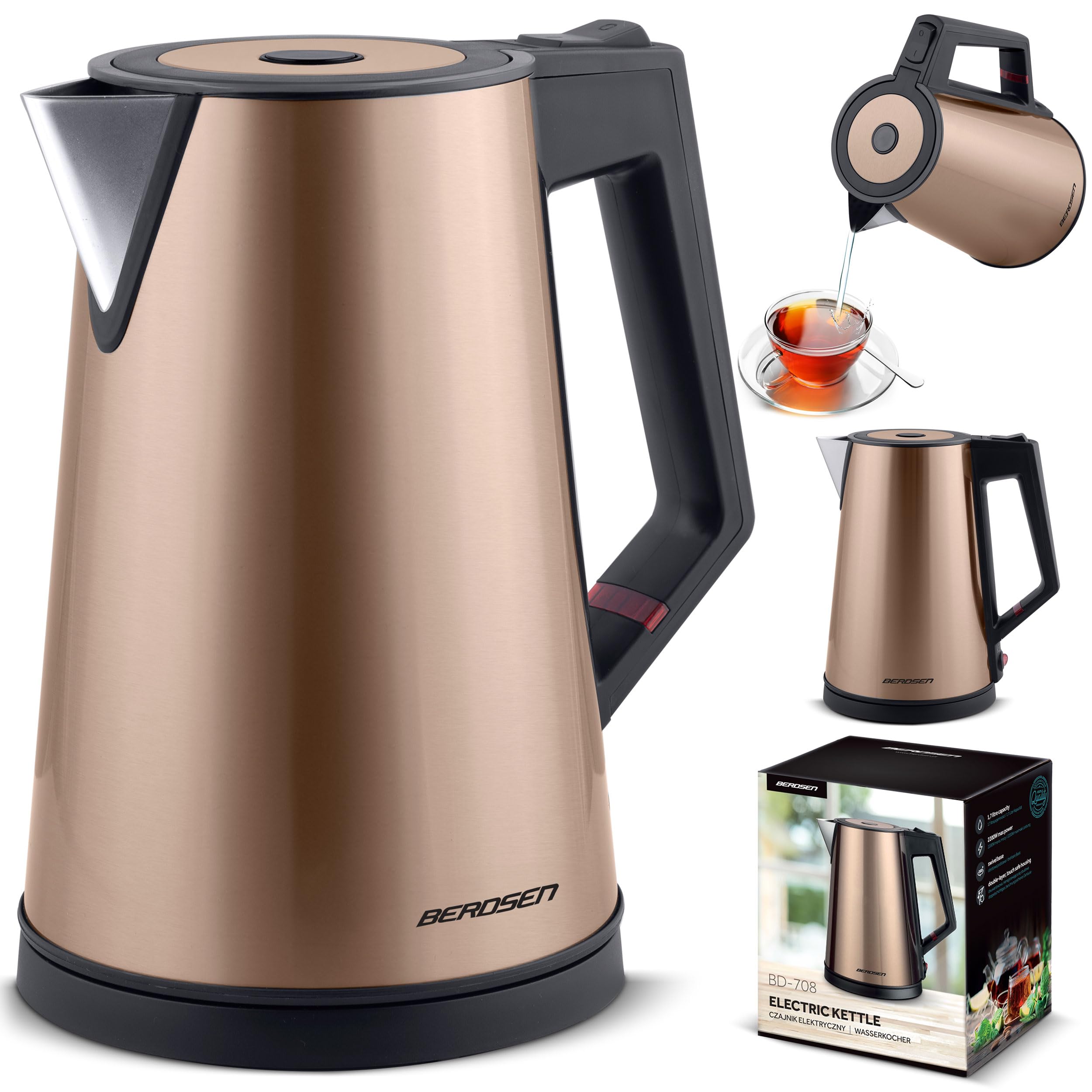 Berdsen Hervidor eléctrico, acero inoxidable, capacidad de 1,7 l, función de conservación caliente, 2200 W, base de pirueta de doble pared, hervidor eléctrico, silencioso, dorado