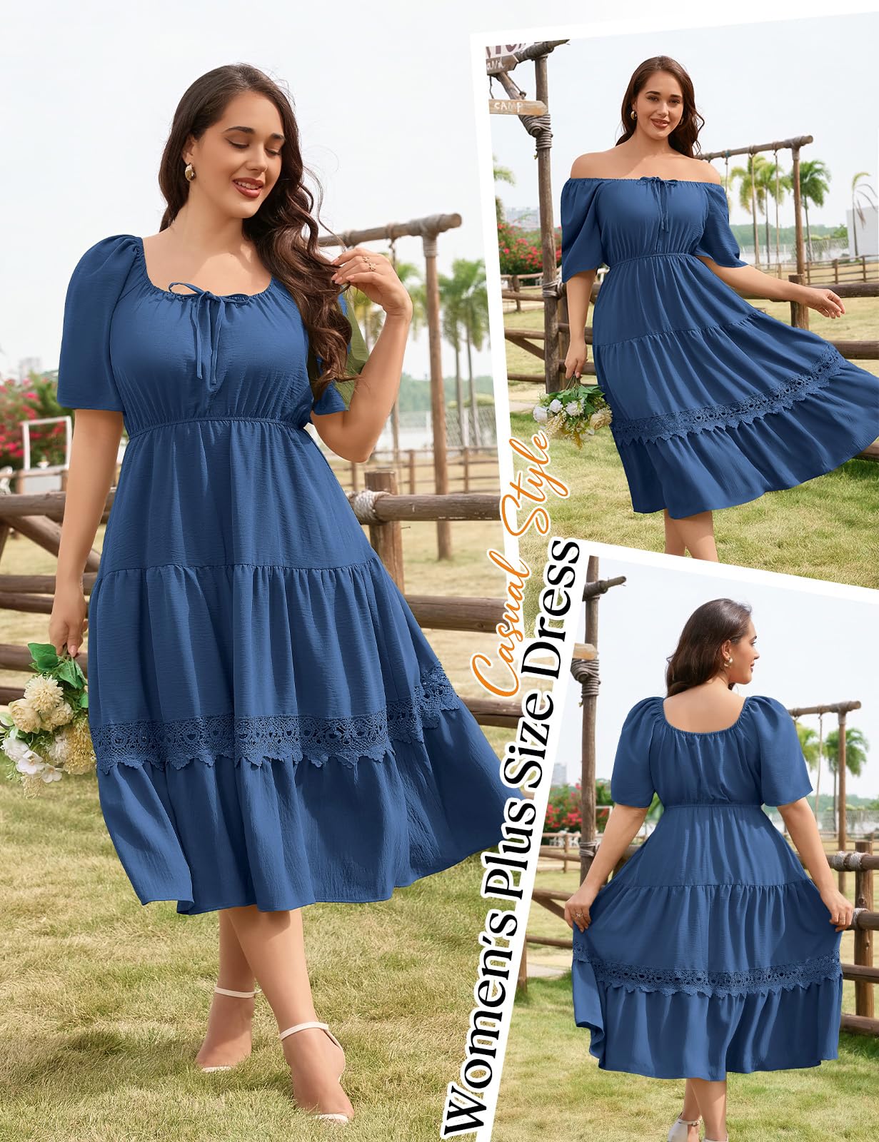 heekpek Robe Longue Été Femme Grande Taille Robe Manches Courtes Col Carré Chic et Elegant Robes Fluide D'été Taille Haute Élastique Robe Ample Décontractée de Plage XL-4XL