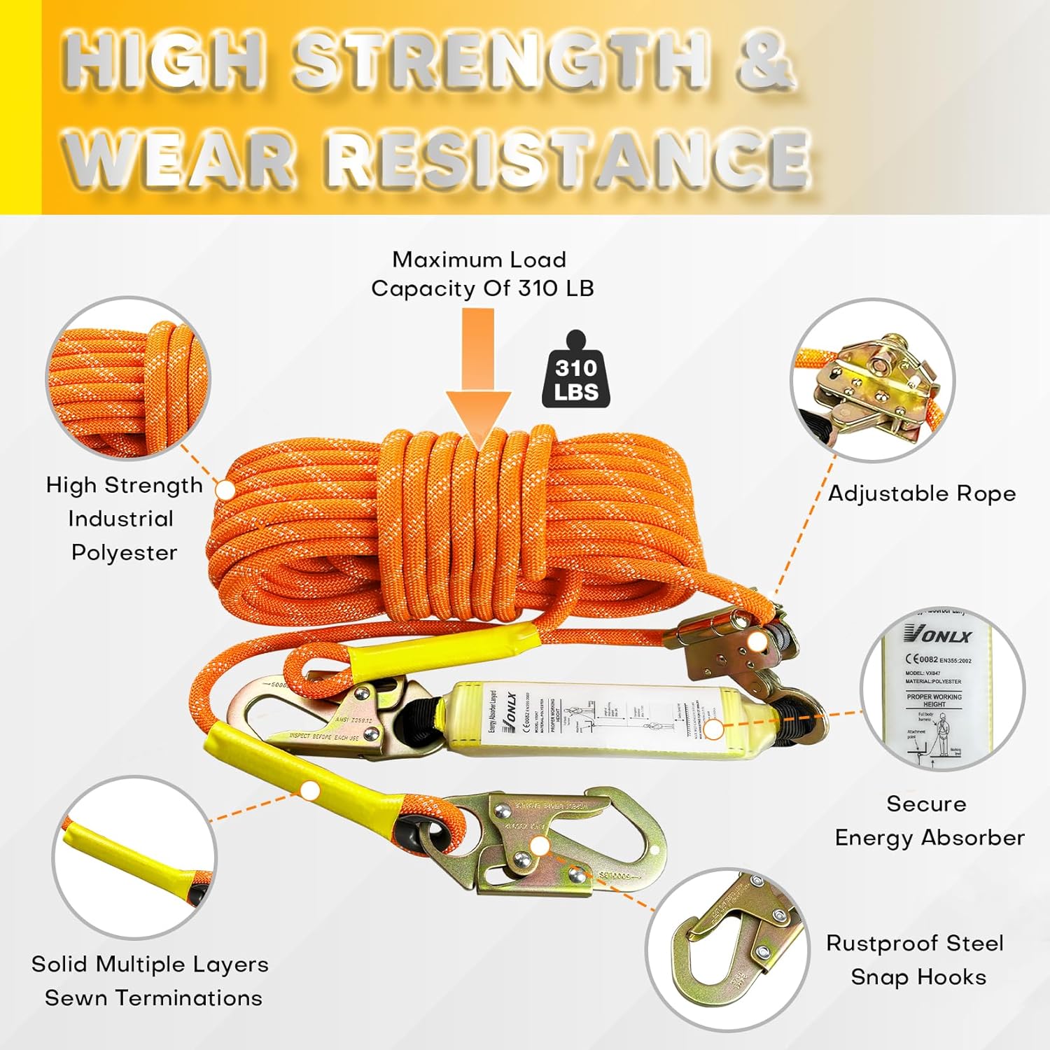 Fall Protection Safety Rope 50FT Heavy Duty Vertical Roofing Ropes with Alloy Steel Grab Snap Hooks Shock Absorber Fall Protection Tree Climbing Line Kit Tree Stand Safety Rope Line Kit