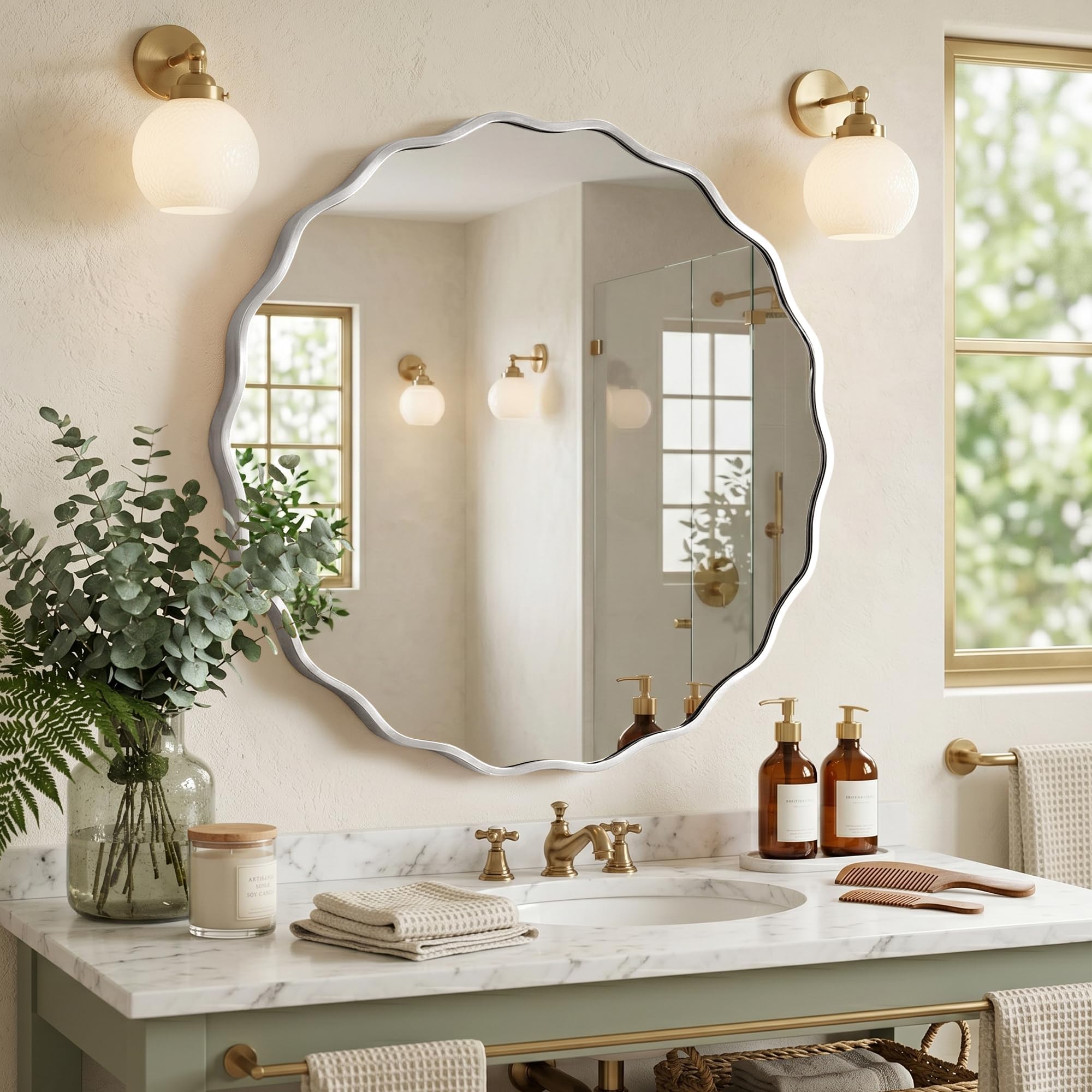 Specchio Da Parete Rotondo Ondulato con Cornice in Alluminio Spazzolato & Vetro Temperato Di Sicurezza per Bagno, Ingresso & Soggiorno