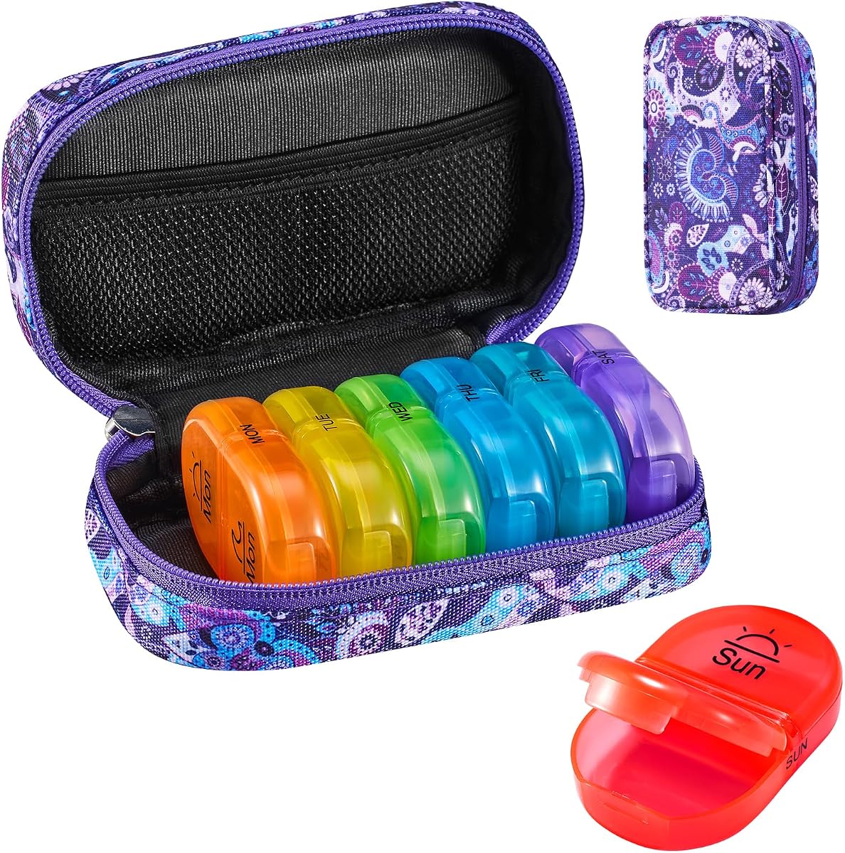 Serfeymi Weekly Travel Pill Organizer 2 Times a Day AM PM Rainbow Pill Box | Medicine Organizer with Portable Zipper Canvas Pill Case,Pill Organizer 7 Day for Vitamins, Fish Oils,Supplements - Purple 01