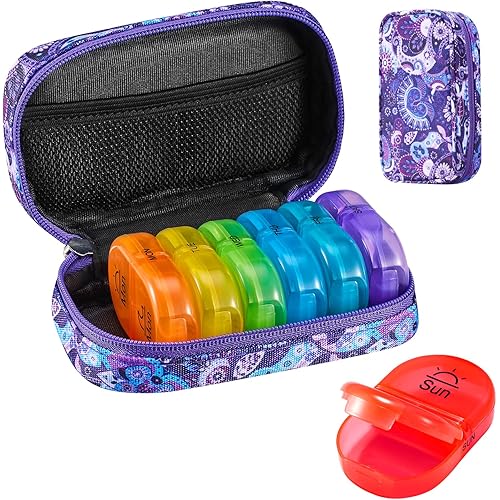 Serfeymi Weekly Travel Pill Organizer 2 Times A Day AM PM Upgraded Rainbow Pill Box 7 Day with Portable Zipper Canvas Pill Case, Medicine Organizer for Pills, Vitamins, Fish Oils - Purple 01