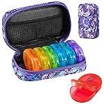 Serfeymi Weekly Travel Pill Organizer 2 Times A Day AM PM Upgraded Rainbow Pill Box 7 Day with Portable Zipper Canvas Pill Case, Medicine Organizer for Pills, Vitamins, Fish Oils - Purple 01