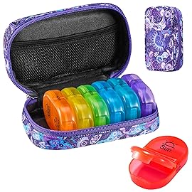 Serfeymi Weekly Travel Pill Organizer 2 Times A Day AM PM Upgraded Rainbow Pill Box 7 Day with Portable Zipper Canvas Pill Case, Medicine Organizer for Pills, Vitamins, Fish Oils - Purple 01