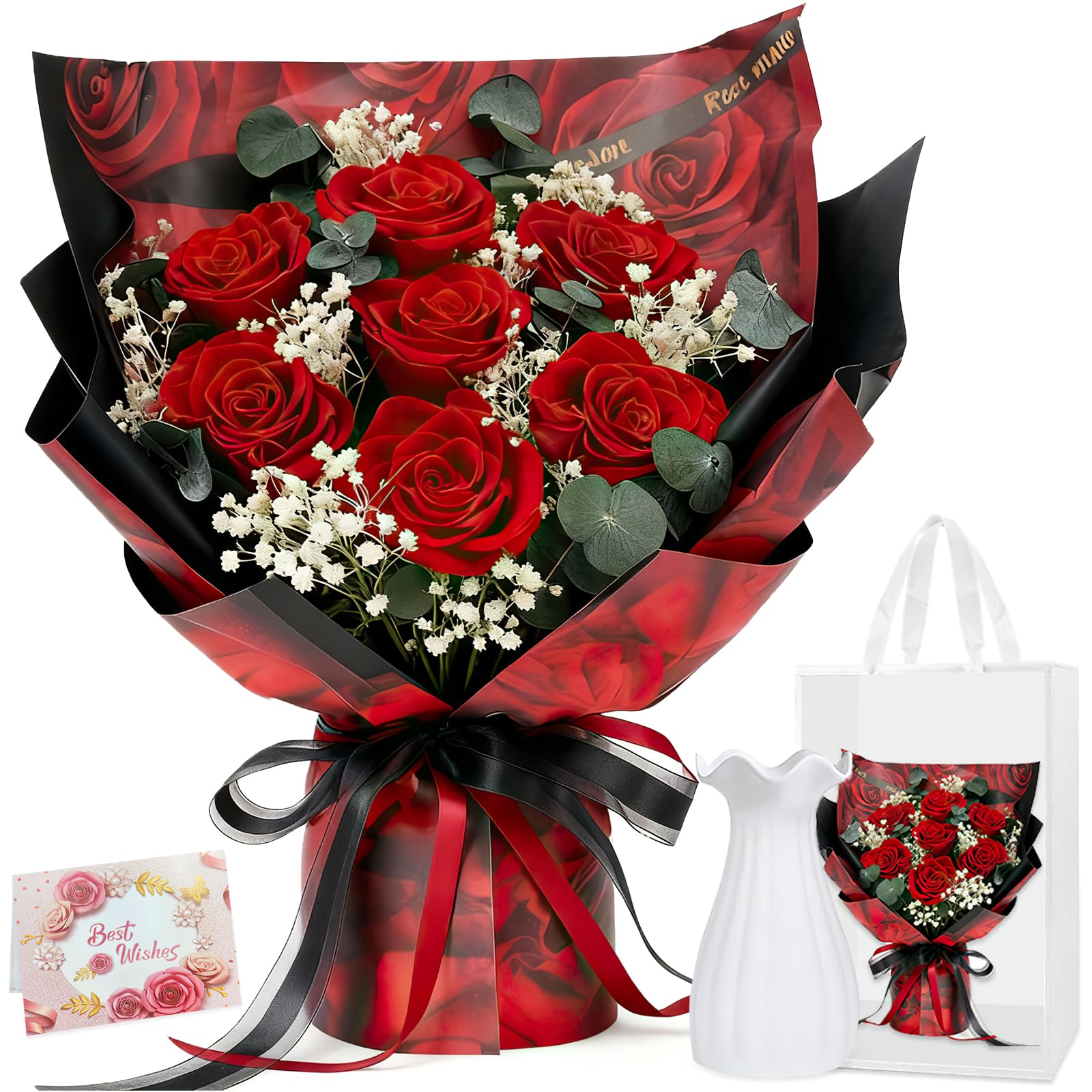 Cigaa Women's Red Bouquet Of Flowers- Forever Rose Eternal With Vase | Preserved Flower Real Rose For Girlfriend Wife| Romantic Gift For Her On Anniversary,Mother’s Day,Birthday,Graduation,Valentine (7 Roses)