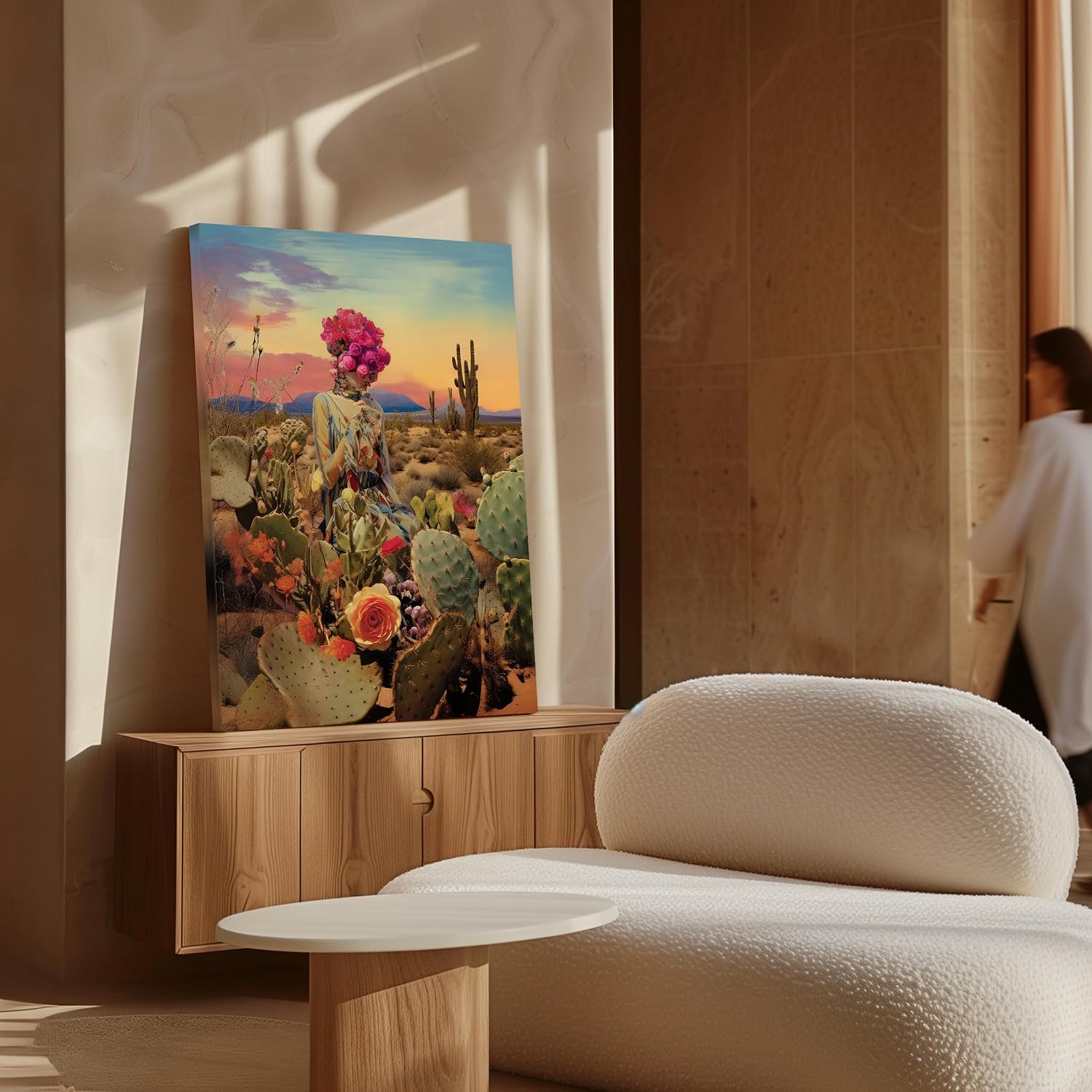 Poster Master Desert Canvas - Retro Flower Print - Cactus Landscape Art - Surreal Collage Design - Trippy Aesthetic Art - Great Living Room or Office Wall Decor - 8x10 STRETCHED Canvas